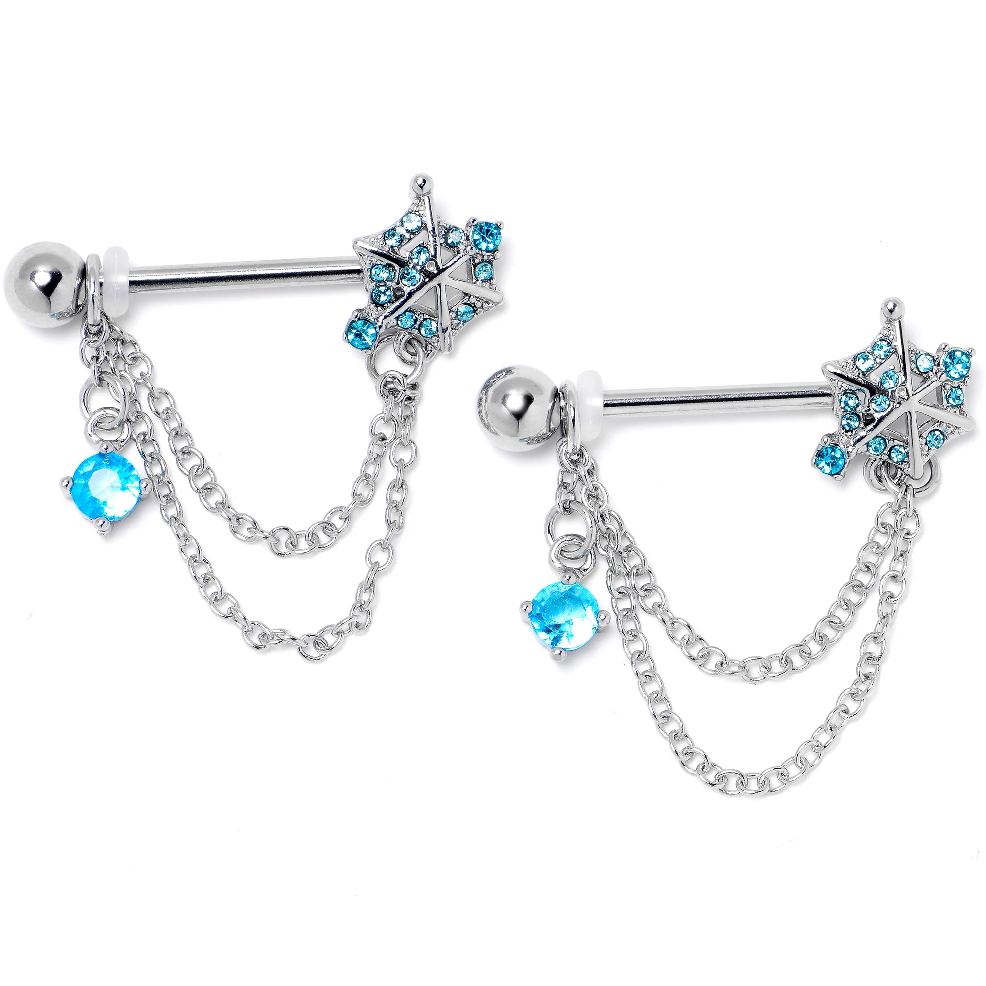 14G 9/16 Blue CZ Gem Spiderweb Chain Dangle Nipple Ring Set - Image 3