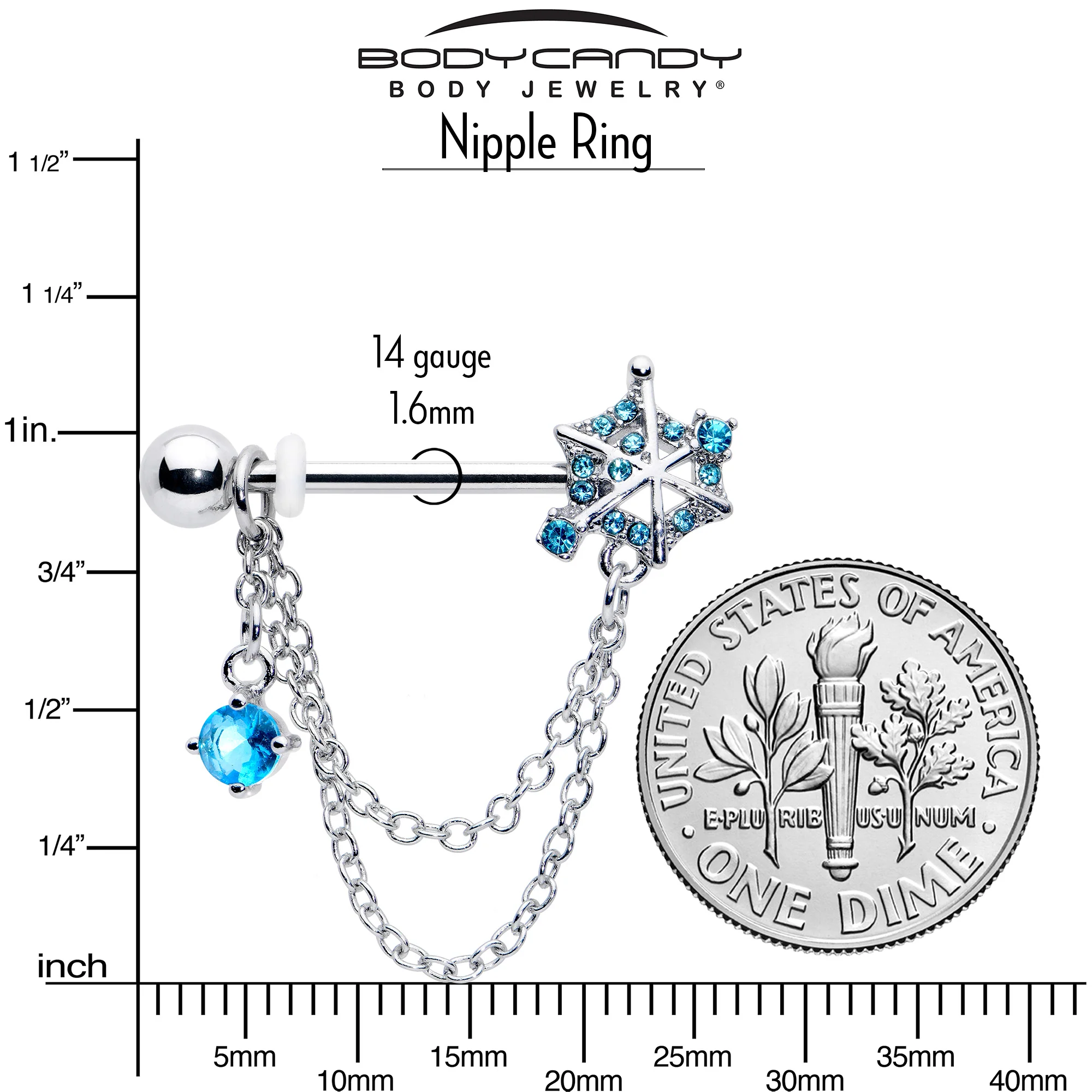 14G 9/16 Blue CZ Gem Spiderweb Chain Dangle Nipple Ring Set - Image 5