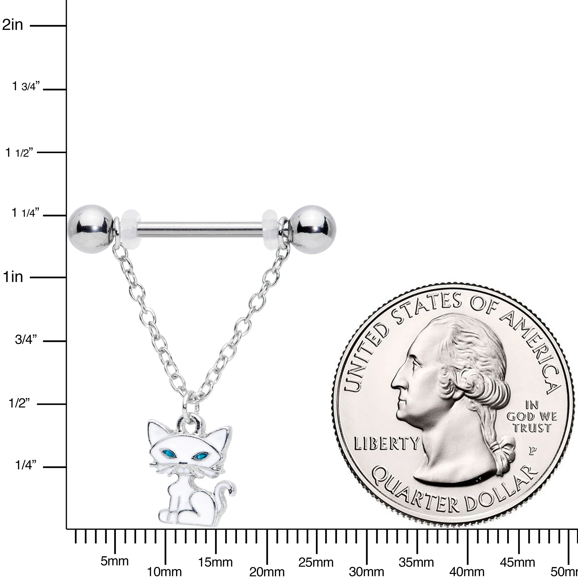 14G 9/16 Blue Eyed White Cat Dangle Barbell Nipple Ring Set - Image 3