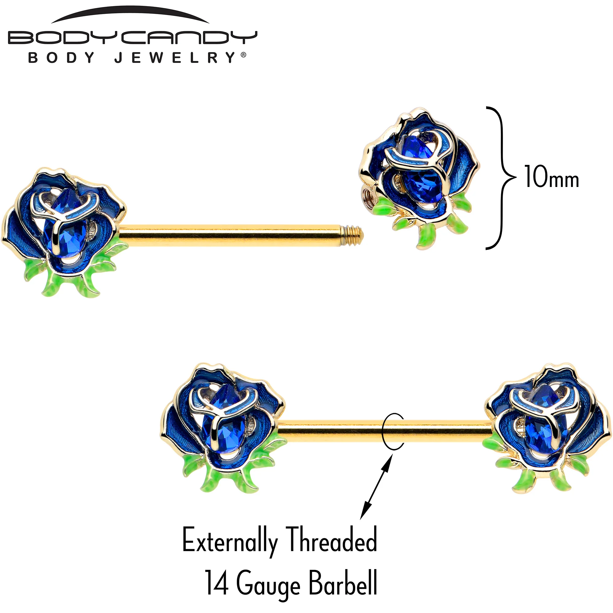 14G 9/16 Blue Gem Gold Hue Deep Blue Flower Barbell Nipple Ring Set - Image 4