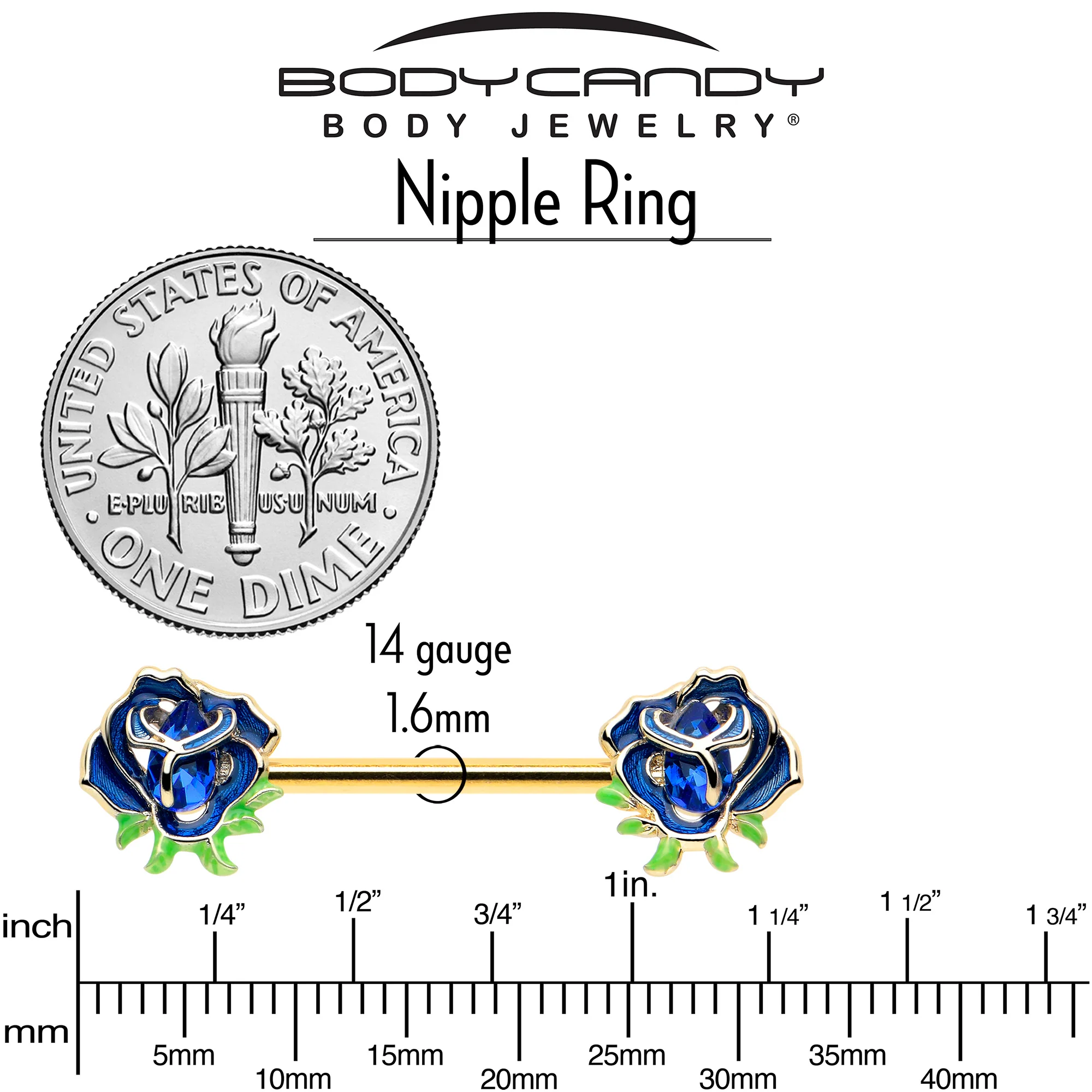 14G 9/16 Blue Gem Gold Hue Deep Blue Flower Barbell Nipple Ring Set - Image 5