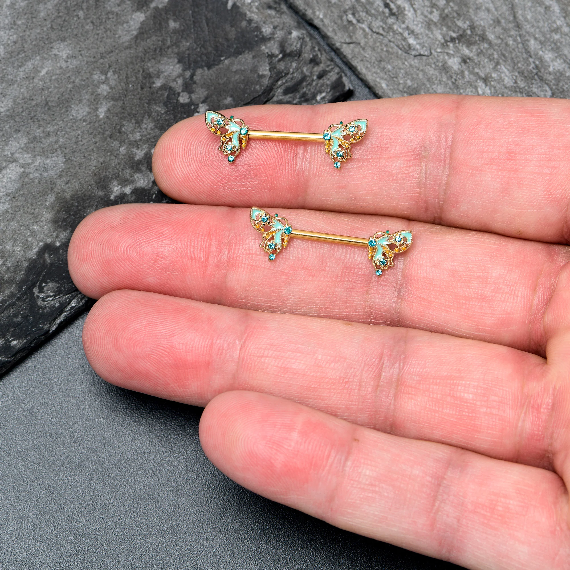 14G 9/16 Blue Gem Gold Hue Ribbon Butterfly Barbell Nipple Ring Set - Image 2