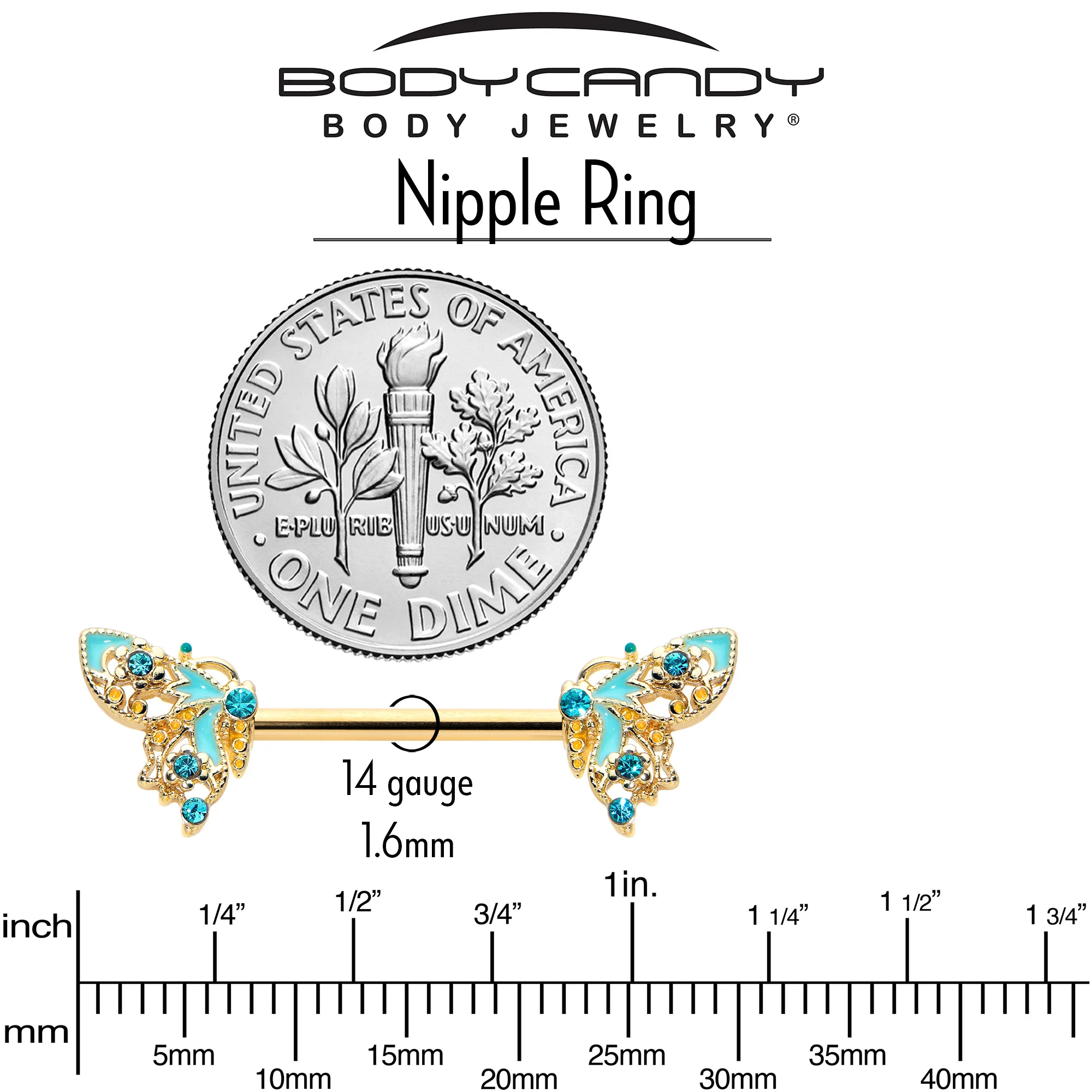 14G 9/16 Blue Gem Gold Hue Ribbon Butterfly Barbell Nipple Ring Set - Image 6