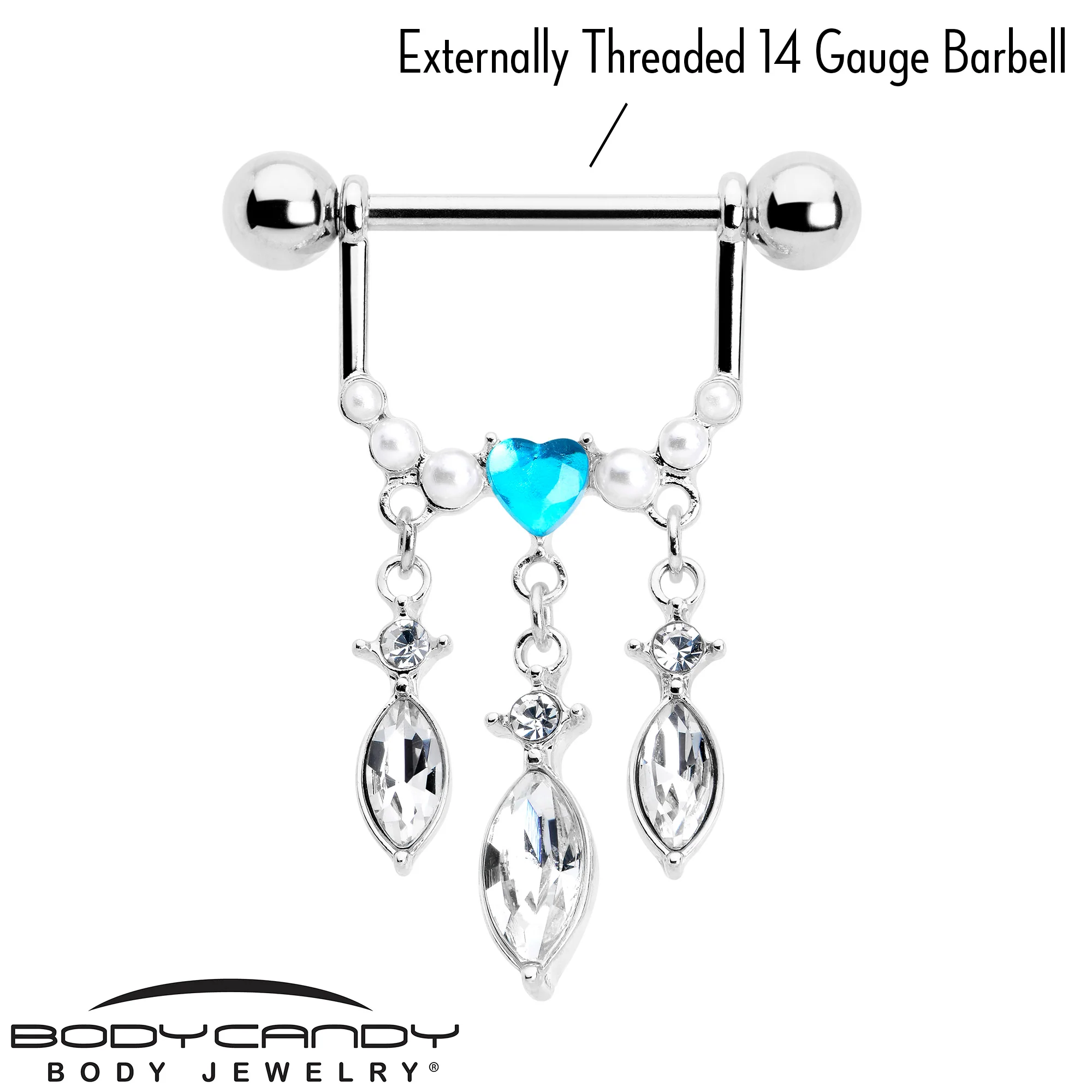 14G 9/16 Blue Gem Heart Triple Drop Dangle Nipple Ring Set - Image 3