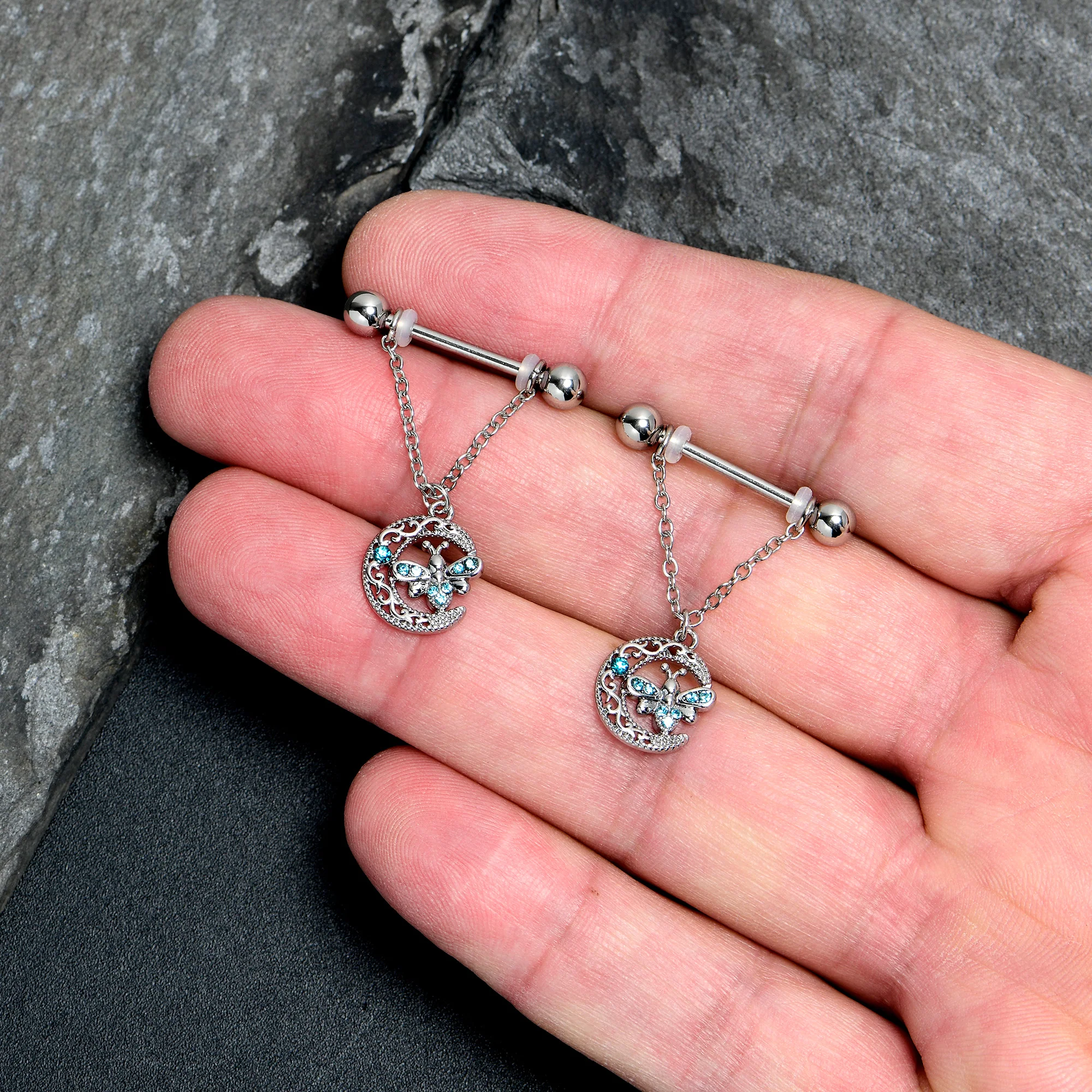 14G 9/16 Blue Gem Lunar Dragonfly Chain Dangle Nipple Ring Set - Image 2