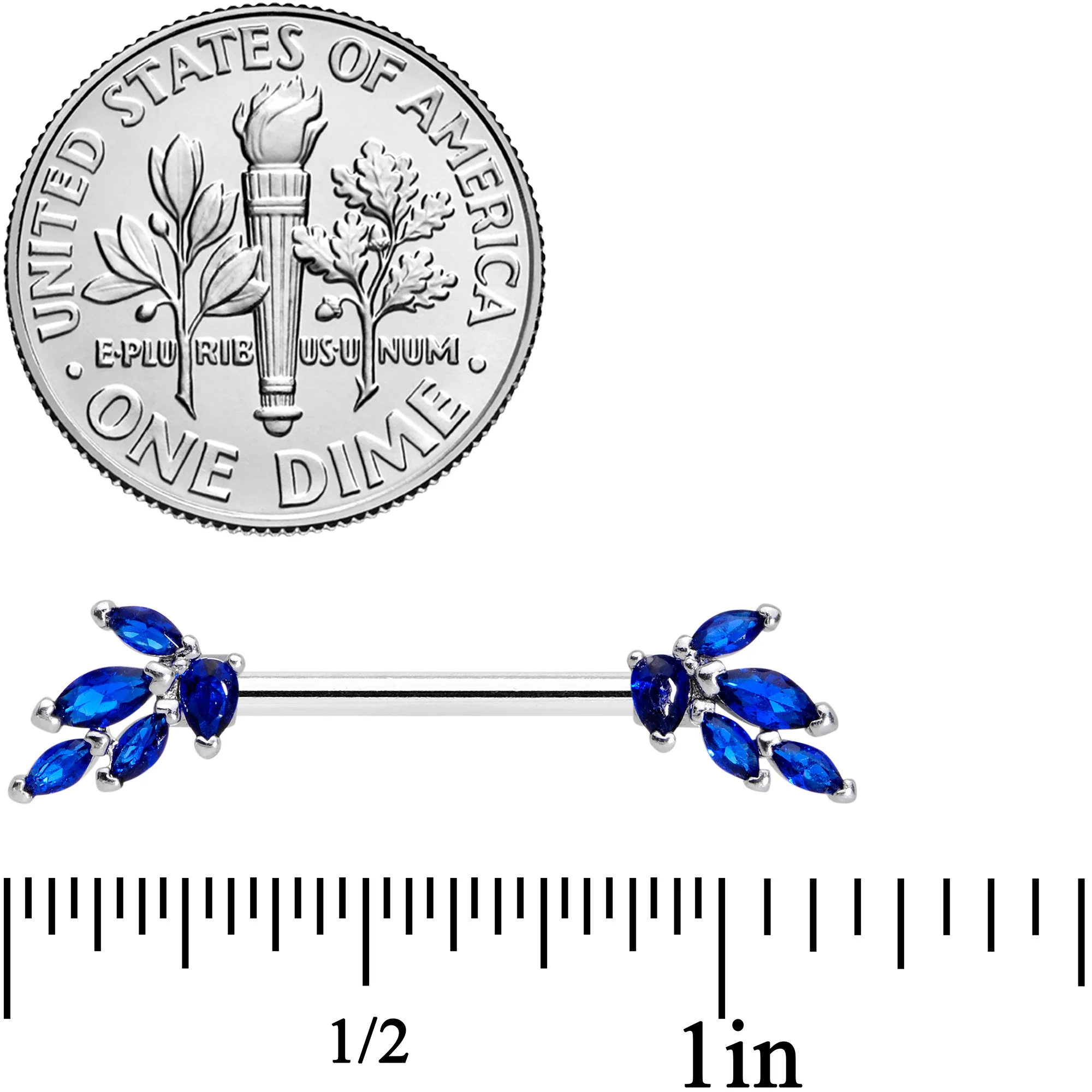 14G 9/16 Blue Gem Raindrop Cluster Barbell Nipple Ring Set - Image 2