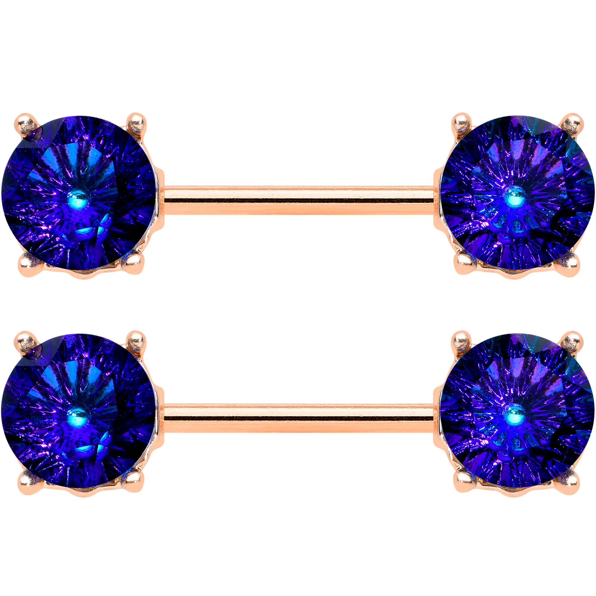14G 9/16 Blue Gem Rose Gold Tone Simply Elegant Nipple Ring Set - Image 2
