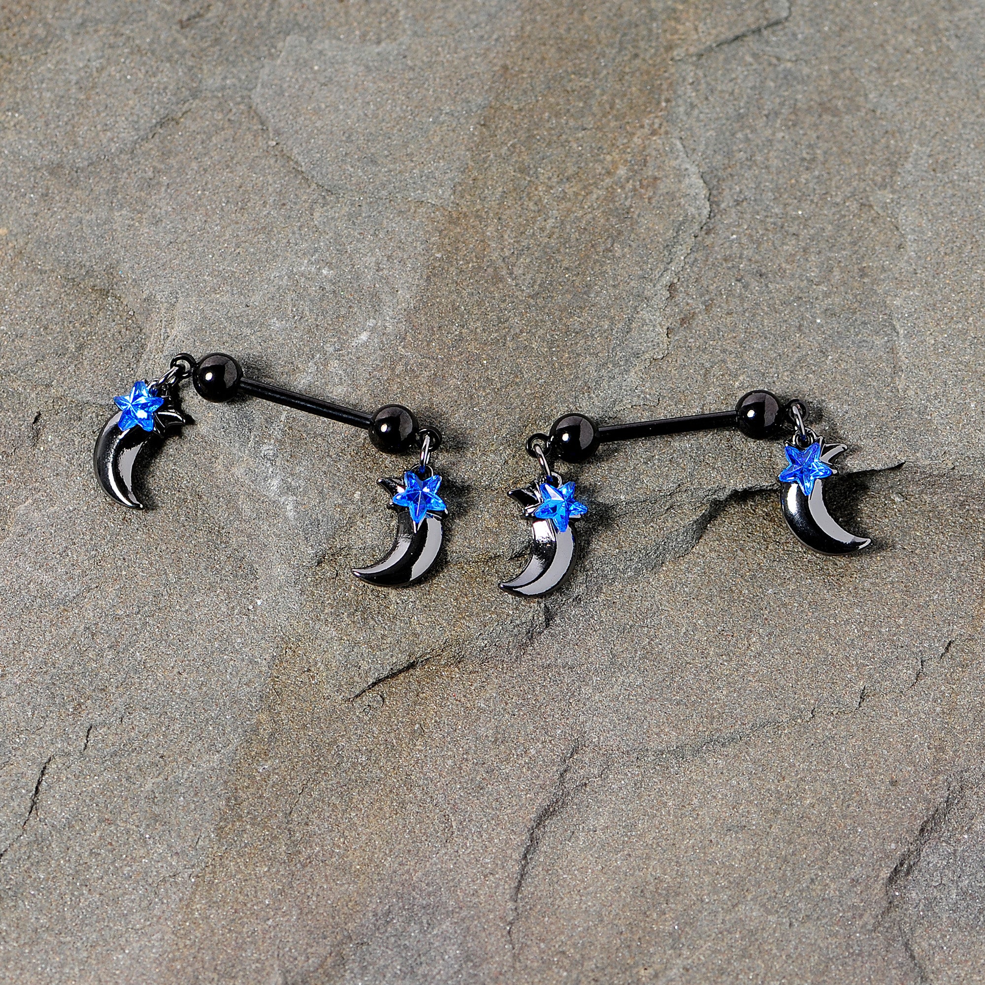 14G 9/16 Blue Gem Star Moon Dangle Nipple Ring Set - Image 3