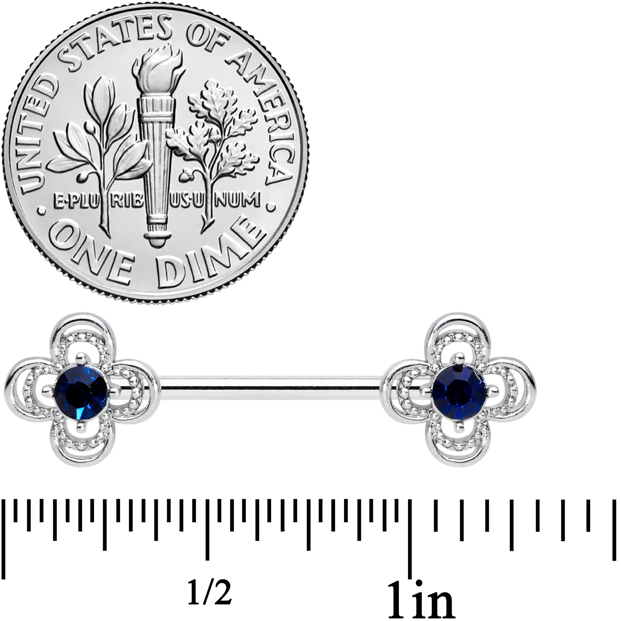 14G 9/16 Blue Gem Stylized Deco Cross Barbell Nipple Ring Set - Image 2