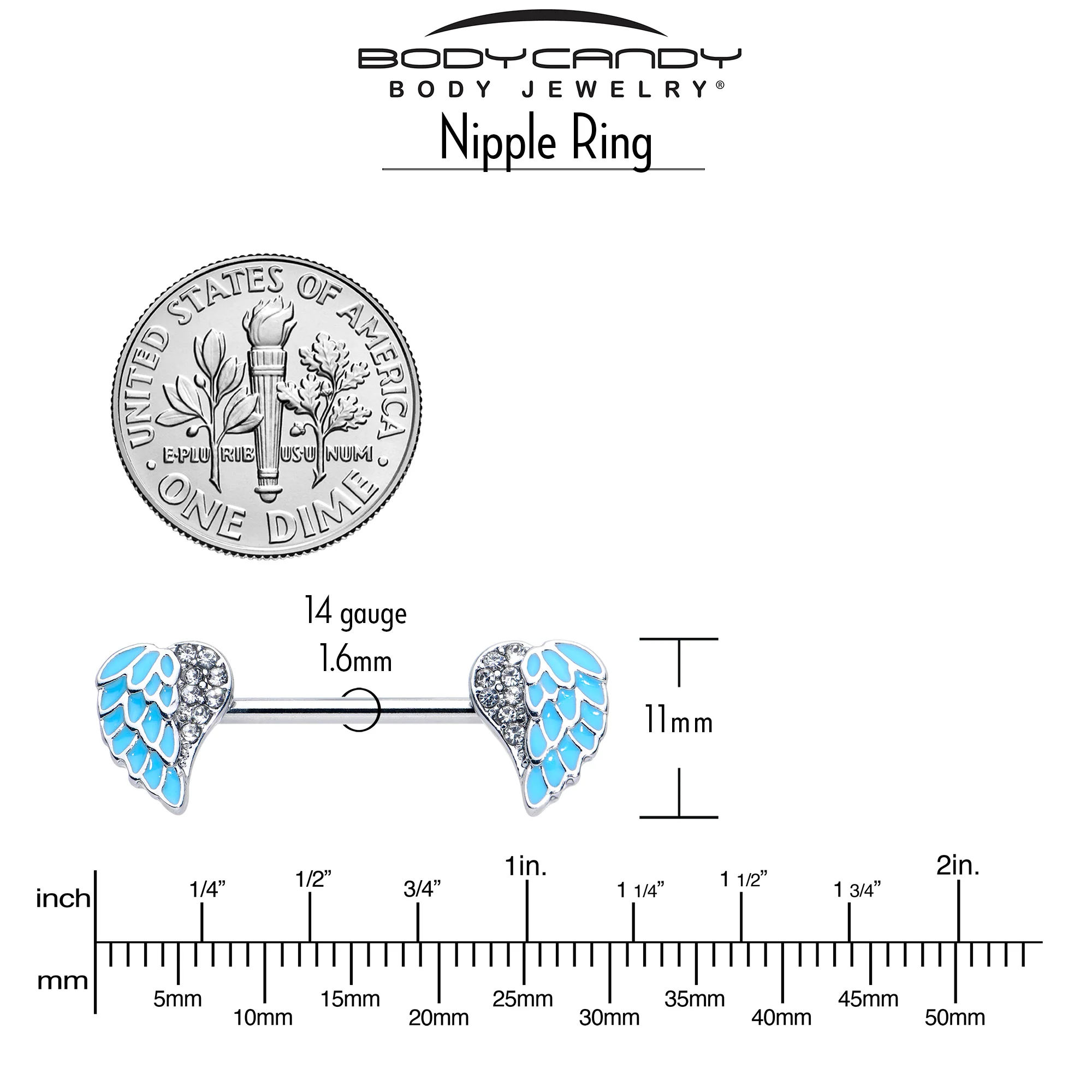14G 9/16 Blue Heavenly Heart Angel Wings Barbell Nipple Ring Set - Image 4