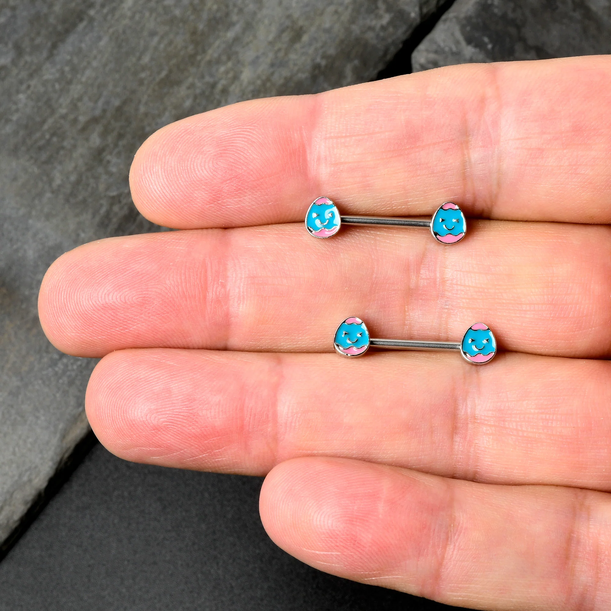 14G 9/16  Blue Pink Celebration Easter Egg Barbell Nipple Ring Set - Image 6
