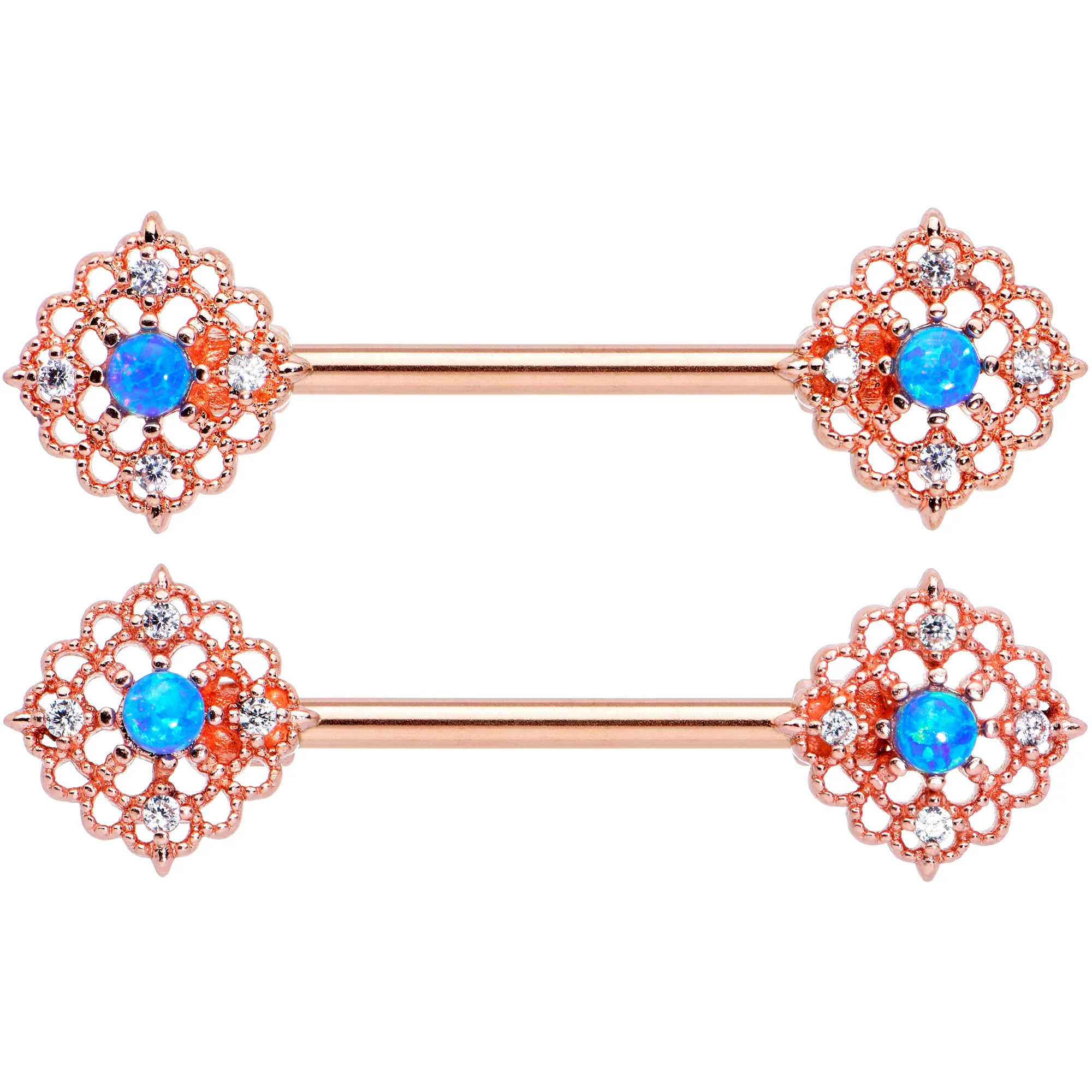 14G 9/16 Blue Synthetic Opal Rose Gold Tone Lacy Nipple Ring Set - Image 2