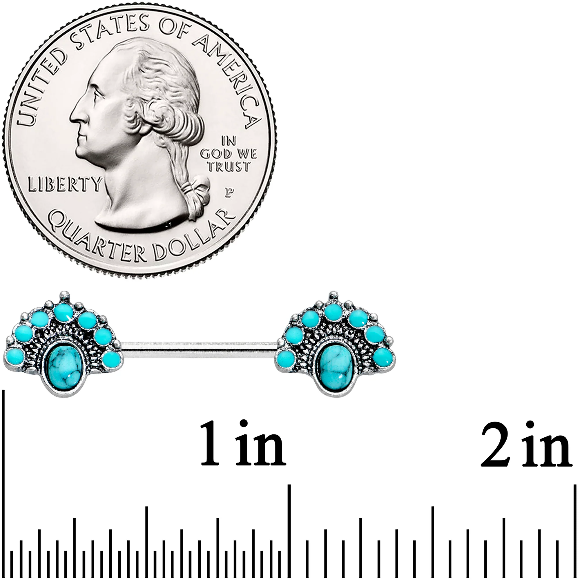 14G 9/16 Blue Turquoise Southwest Shield Barbell Nipple Ring Set - Image 3