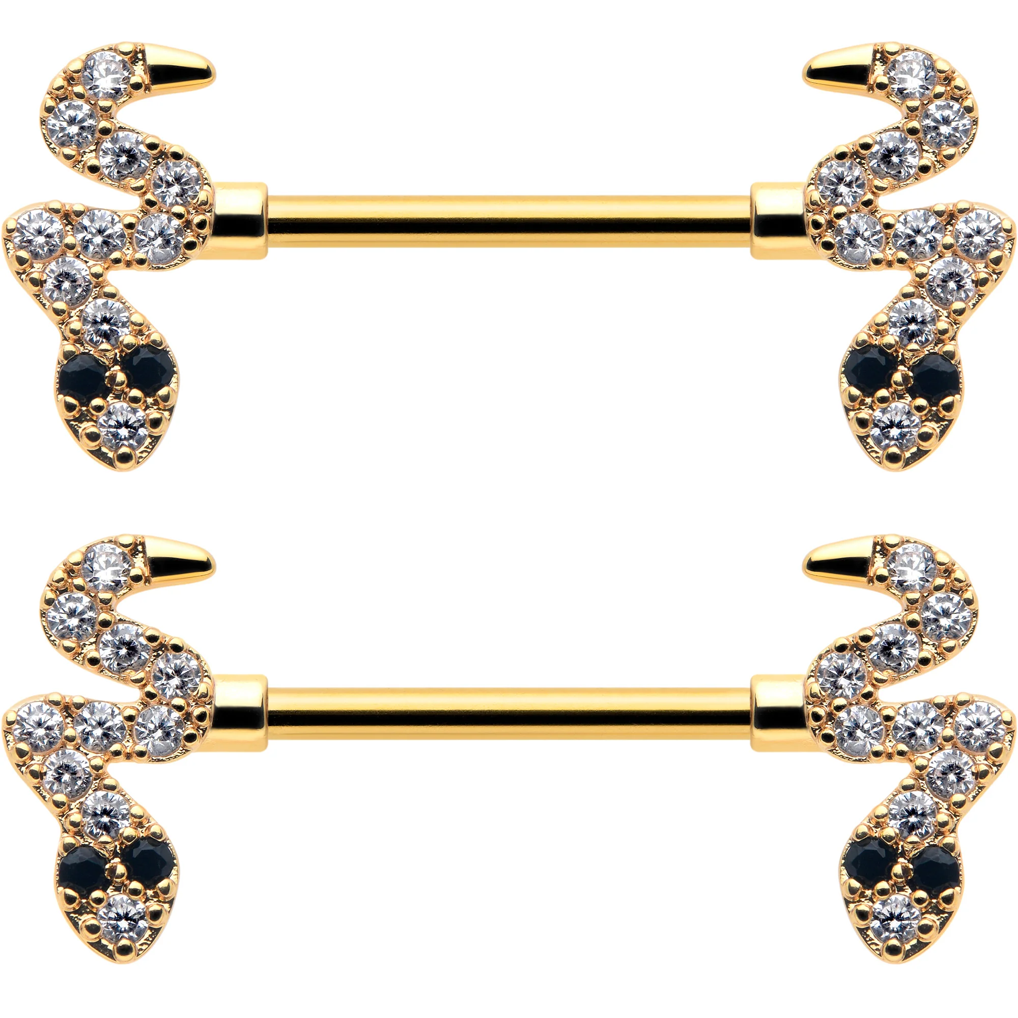 14G 9/16 Clear Black CZ Gem Gold Tone Sexy Snakes Nipple Ring Set - Image 2
