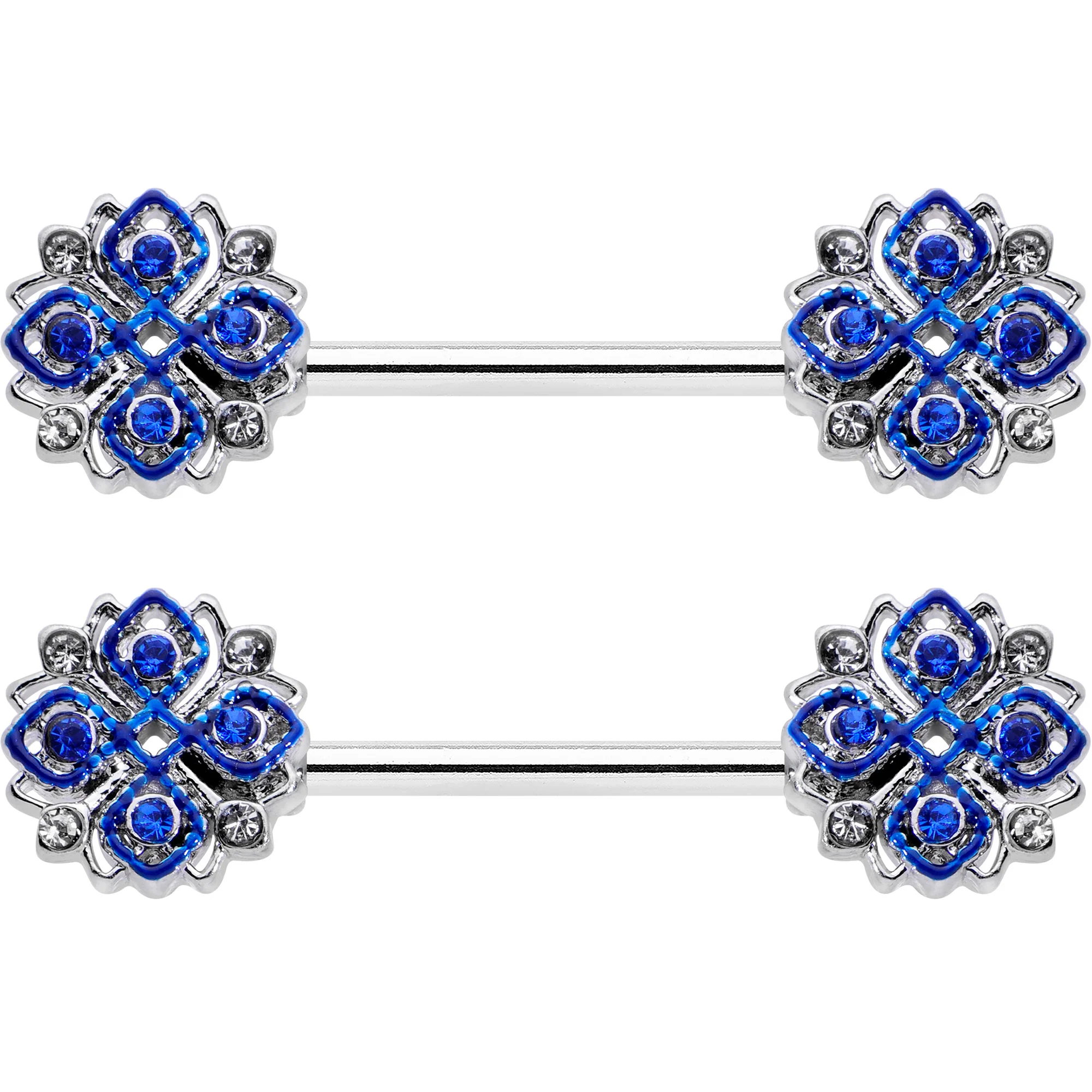14G 9/16 Clear Blue Gem Embellished Cross Barbell Nipple Ring Set - Image 2