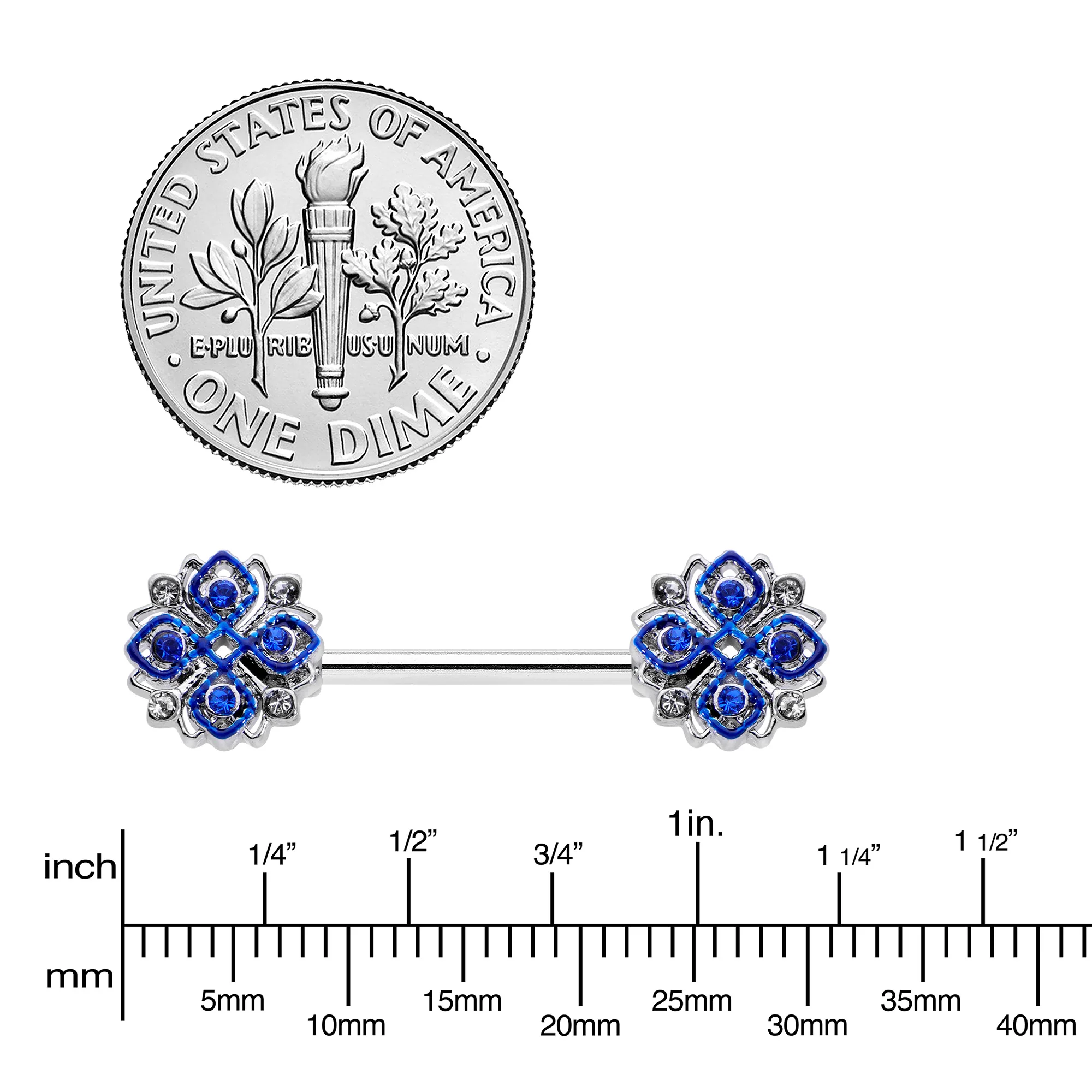 14G 9/16 Clear Blue Gem Embellished Cross Barbell Nipple Ring Set - Image 3