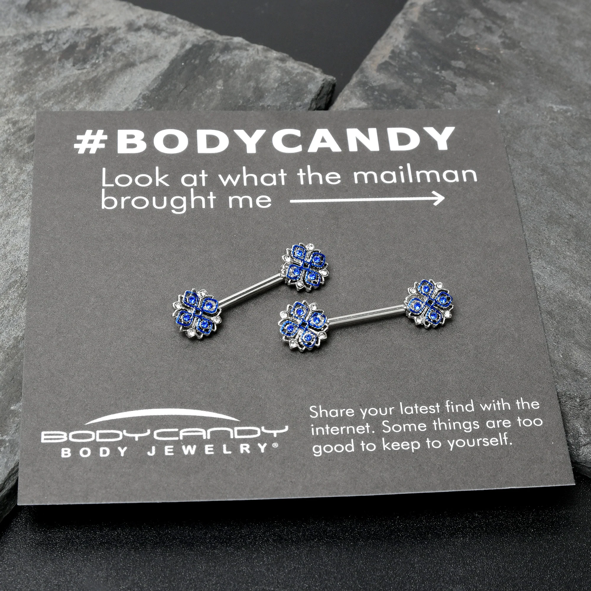 14G 9/16 Clear Blue Gem Embellished Cross Barbell Nipple Ring Set - Image 8