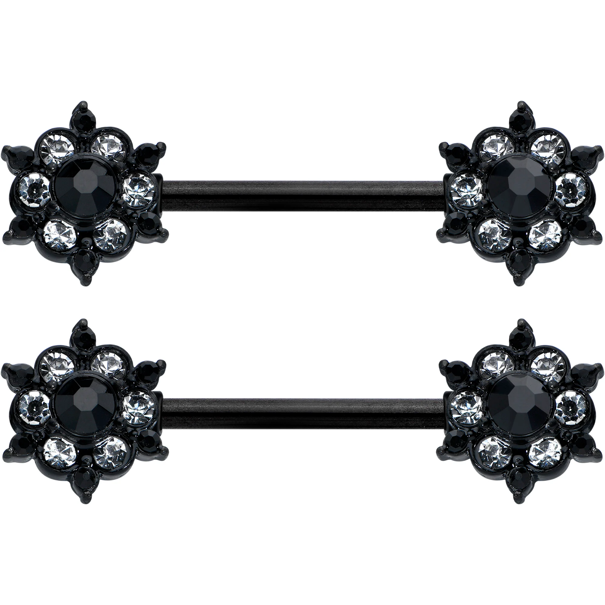 14G 9/16 Clear CZ Gem Black Abstract Sun Barbell Nipple Ring Set - Image 2