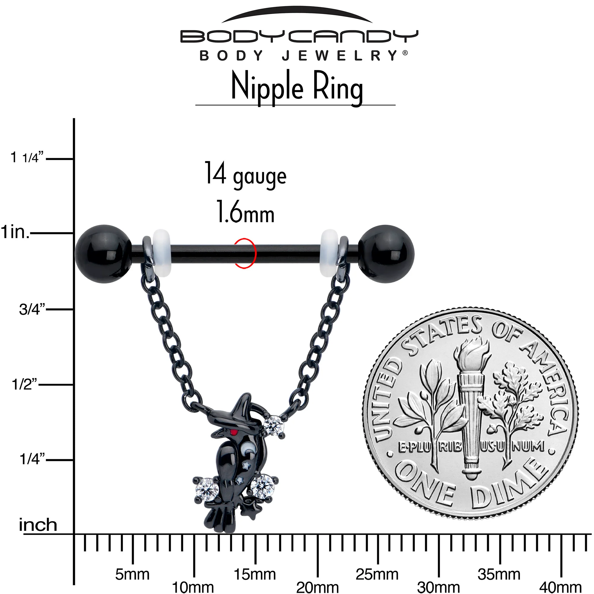 14G 9/16 Clear CZ Gem Black Raven Witch Dangle Nipple Ring Set - Image 4