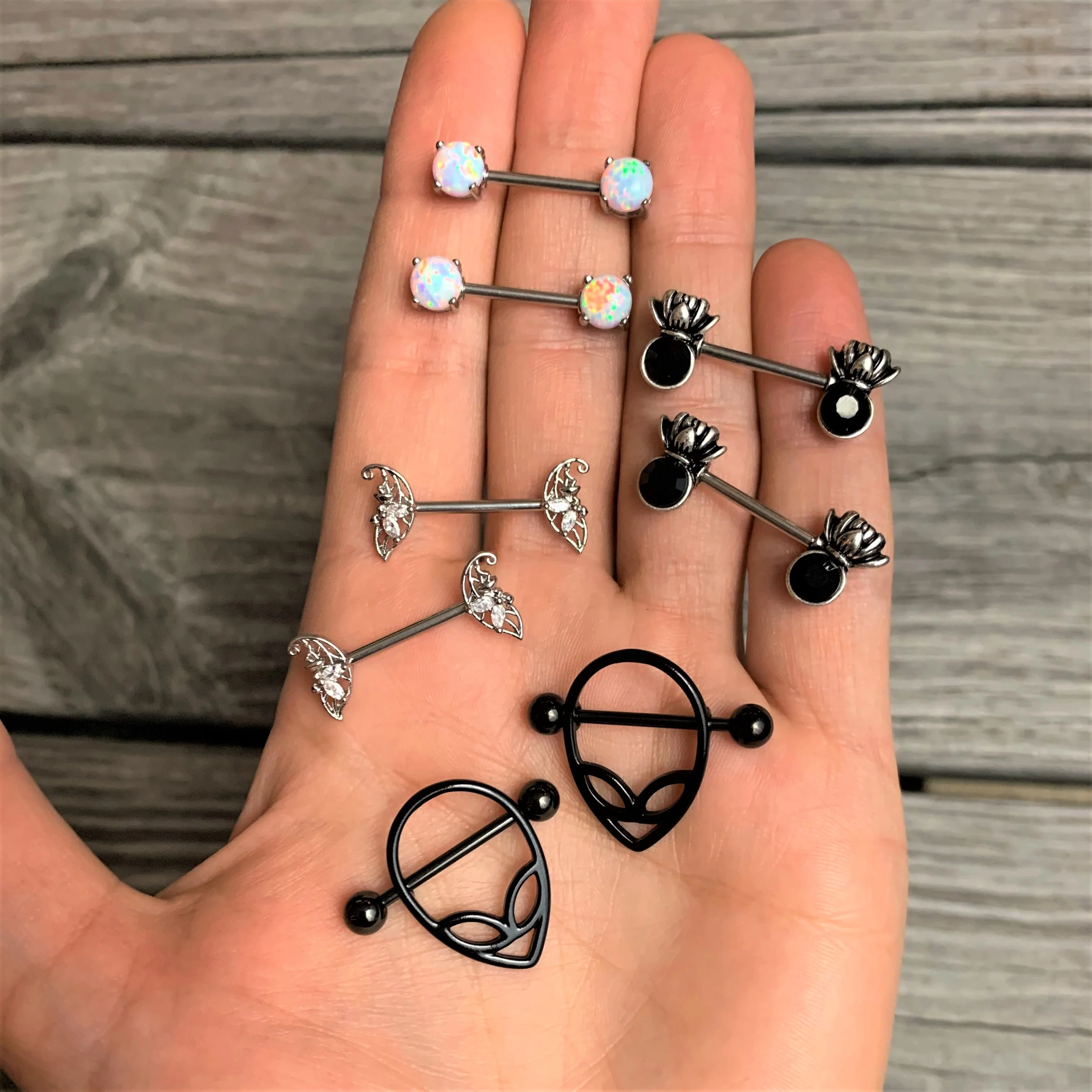 14G 9/16 Clear CZ Gem Fairy Leaf Barbell Nipple Ring Set - Image 3