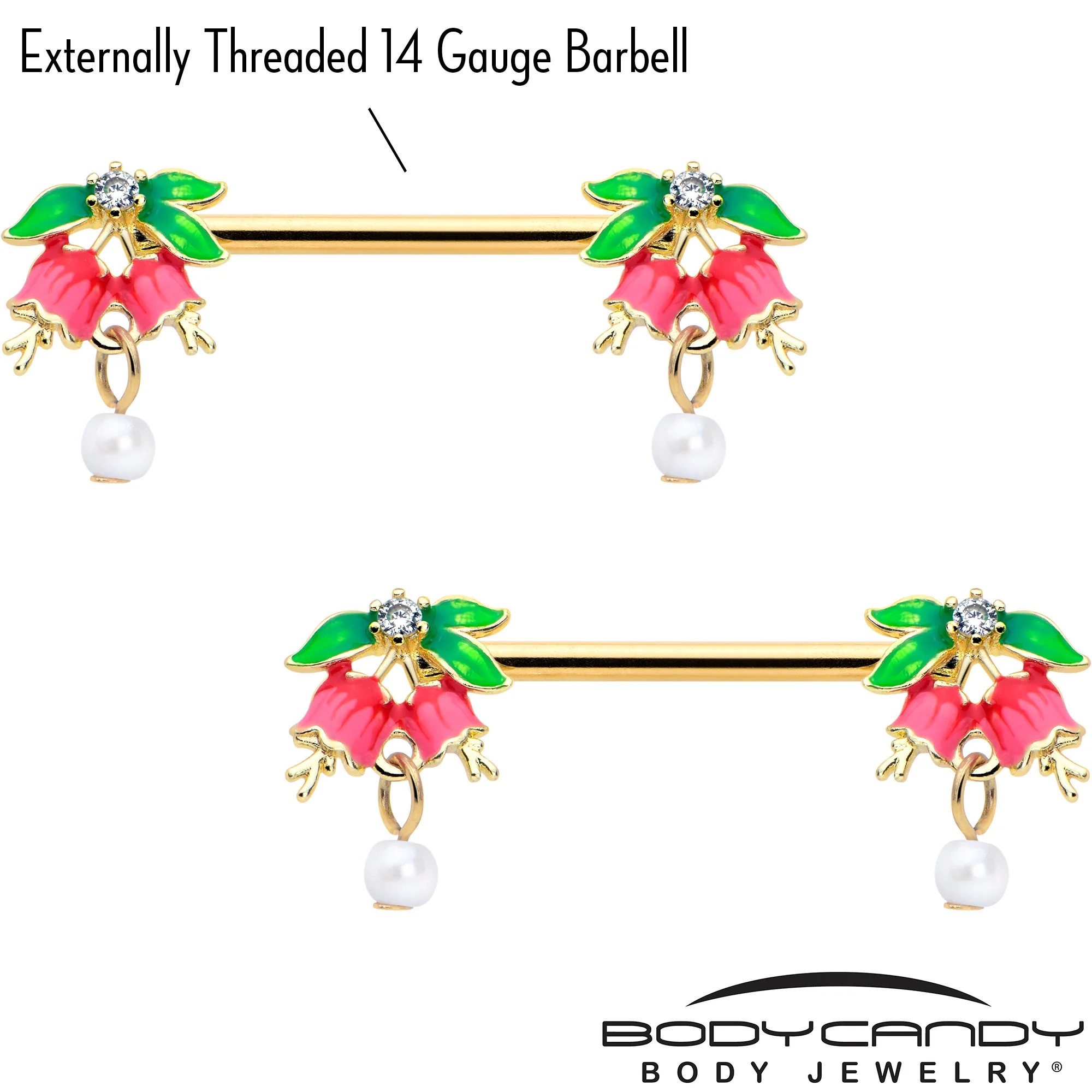 14G 9/16 Clear CZ Gem Gold Hue Bell Flower Barbell Nipple Ring Set - Image 3
