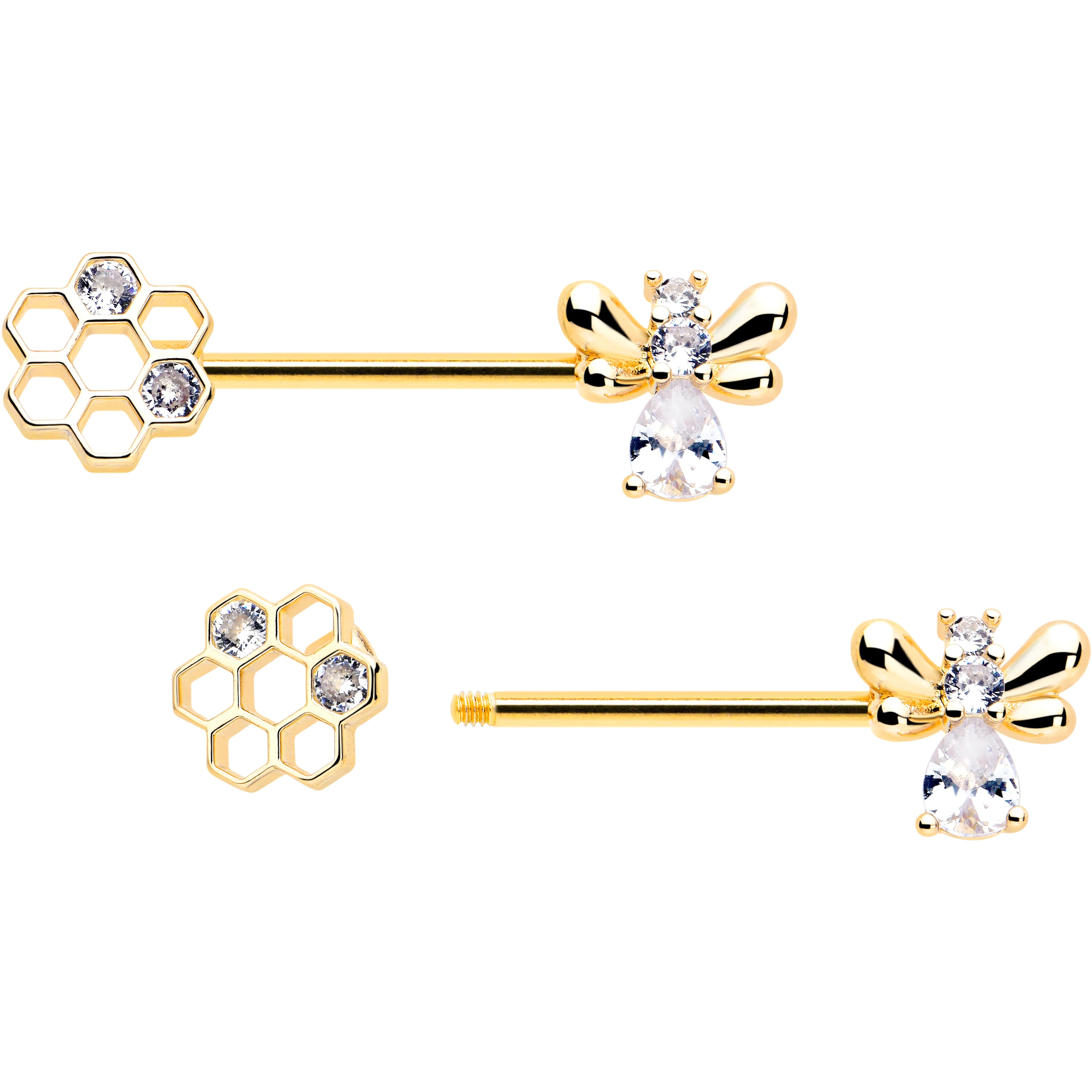 14G 9/16 Clear CZ Gem Gold Tone Bee Hive Luv Barbell Nipple Ring Set - Image 2