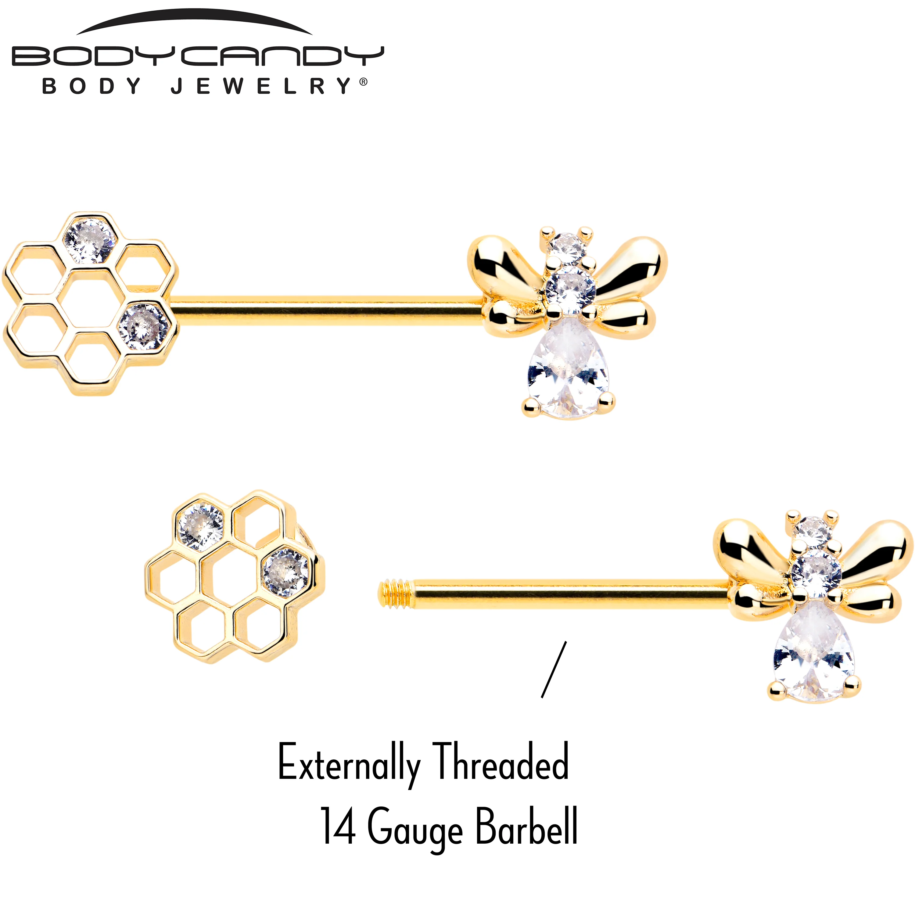 14G 9/16 Clear CZ Gem Gold Tone Bee Hive Luv Barbell Nipple Ring Set - Image 4