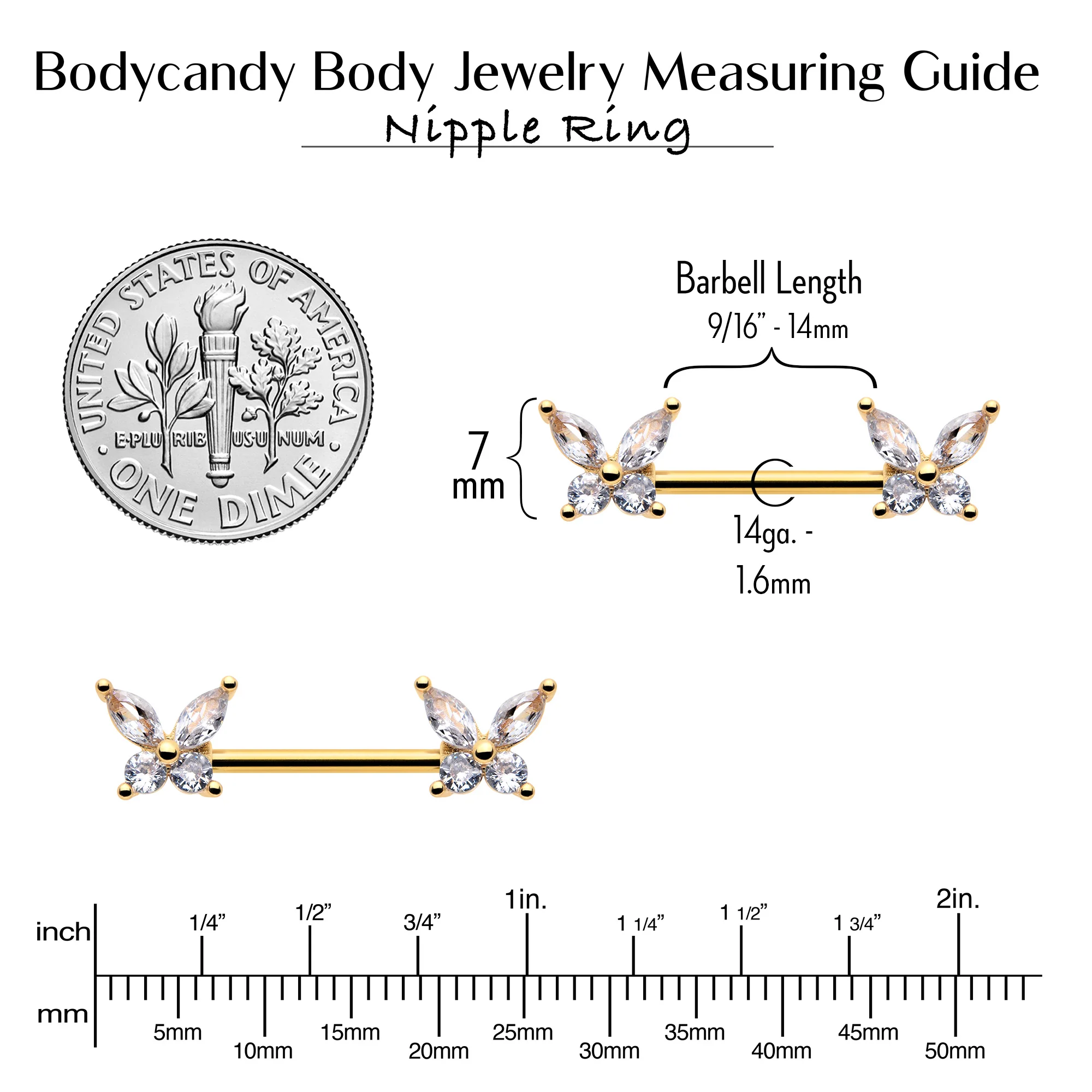14G 9/16 Clear CZ Gem Gold Tone Butterflies Barbell Nipple Ring Set - Image 6