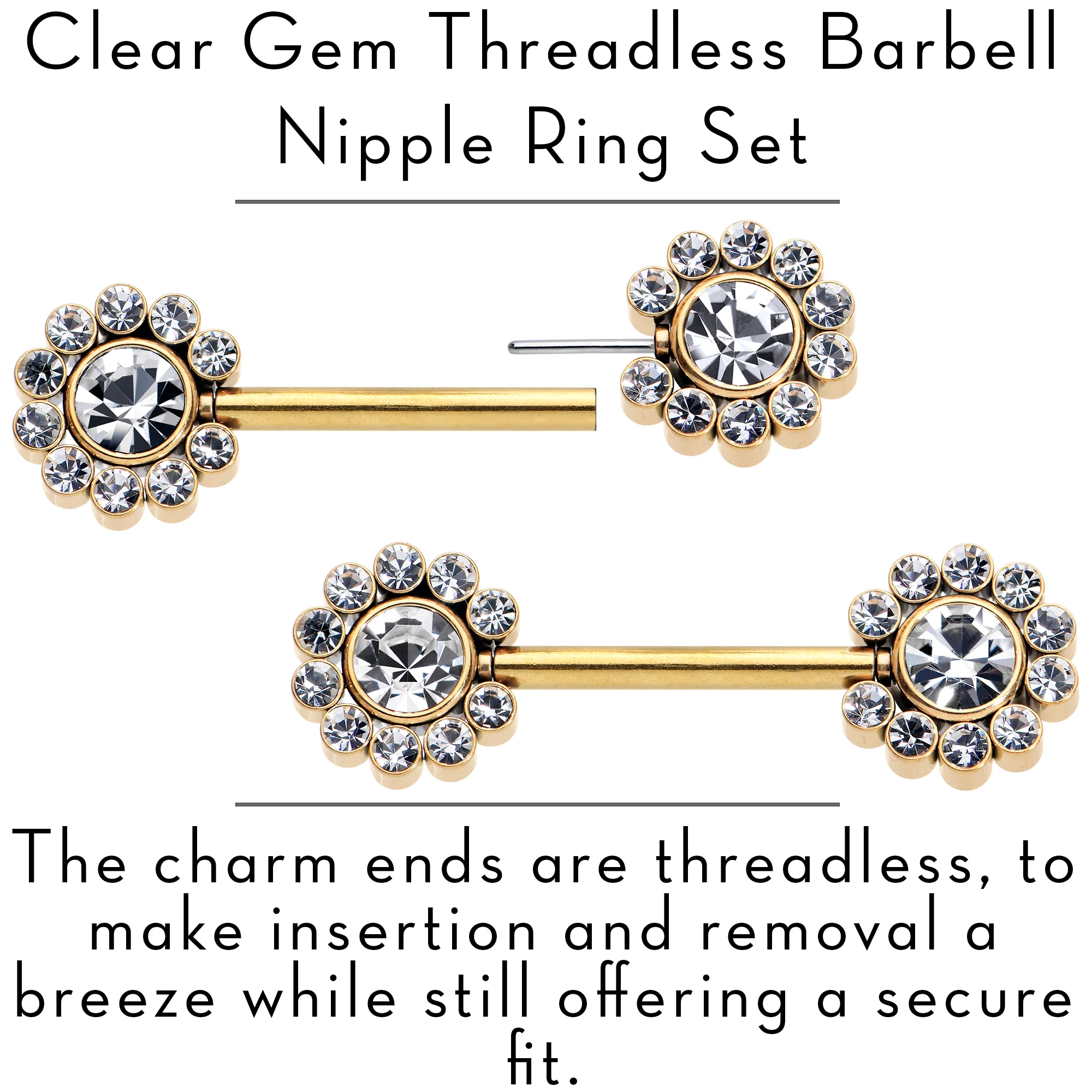 14G 9/16 Clear CZ Gem Gold Tone Flower Threadless Nipple Ring Set - Image 3