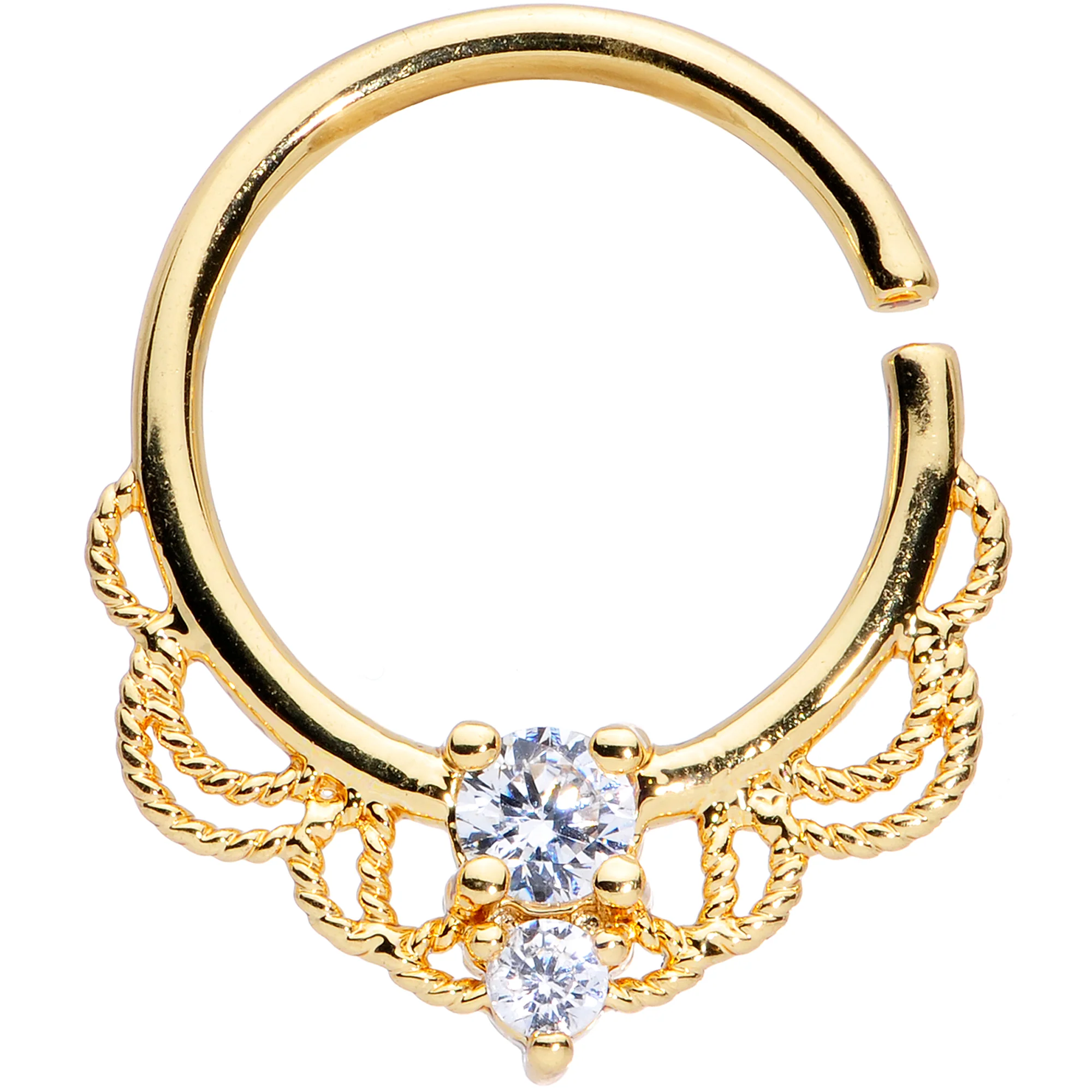 14G 9/16 Clear CZ Gem Gold Tone Lacy Love Nipple Ring Set - Image 2