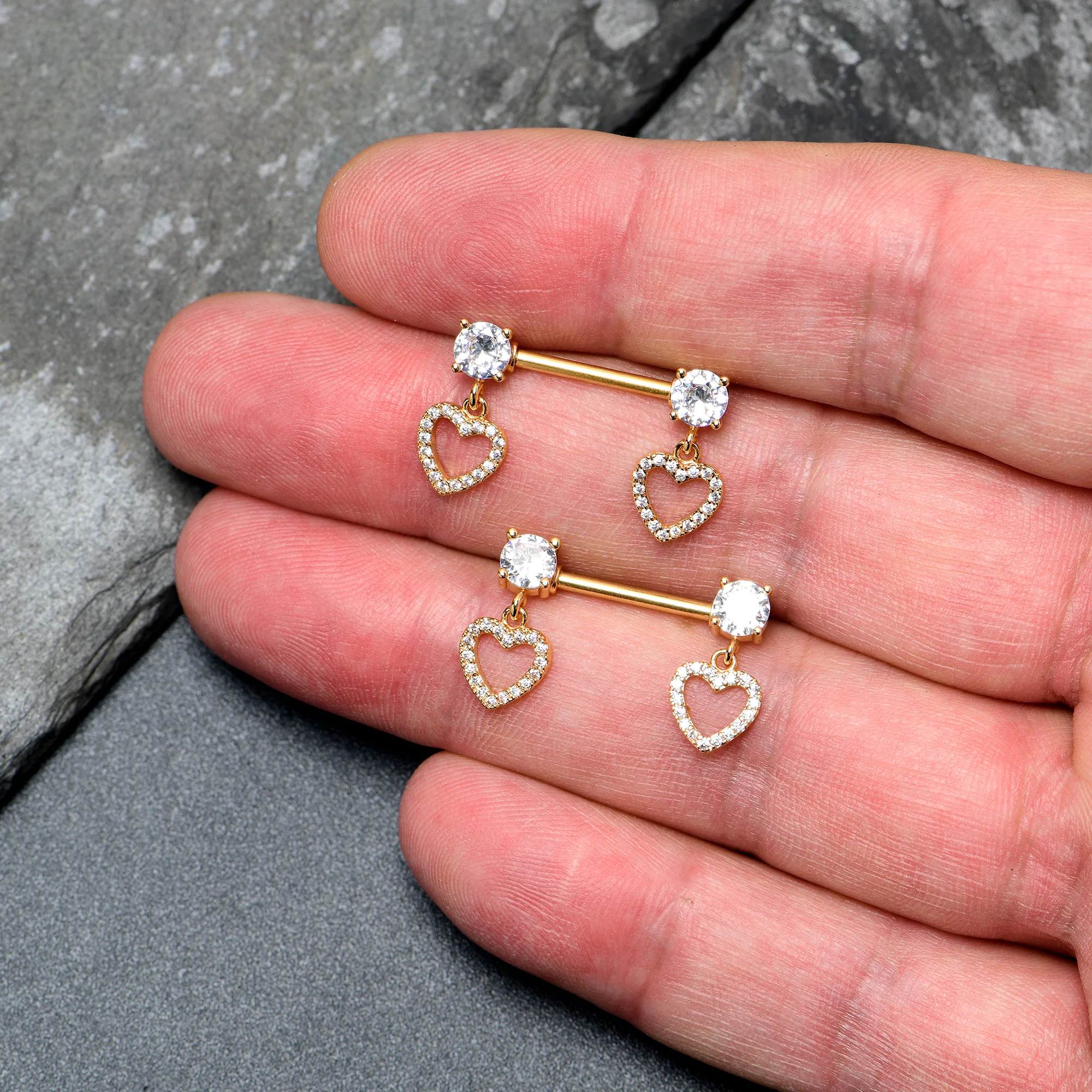 14G 9/16 Clear CZ Gem Gold Tone Paved Heart Dangle Nipple Ring Set - Image 4