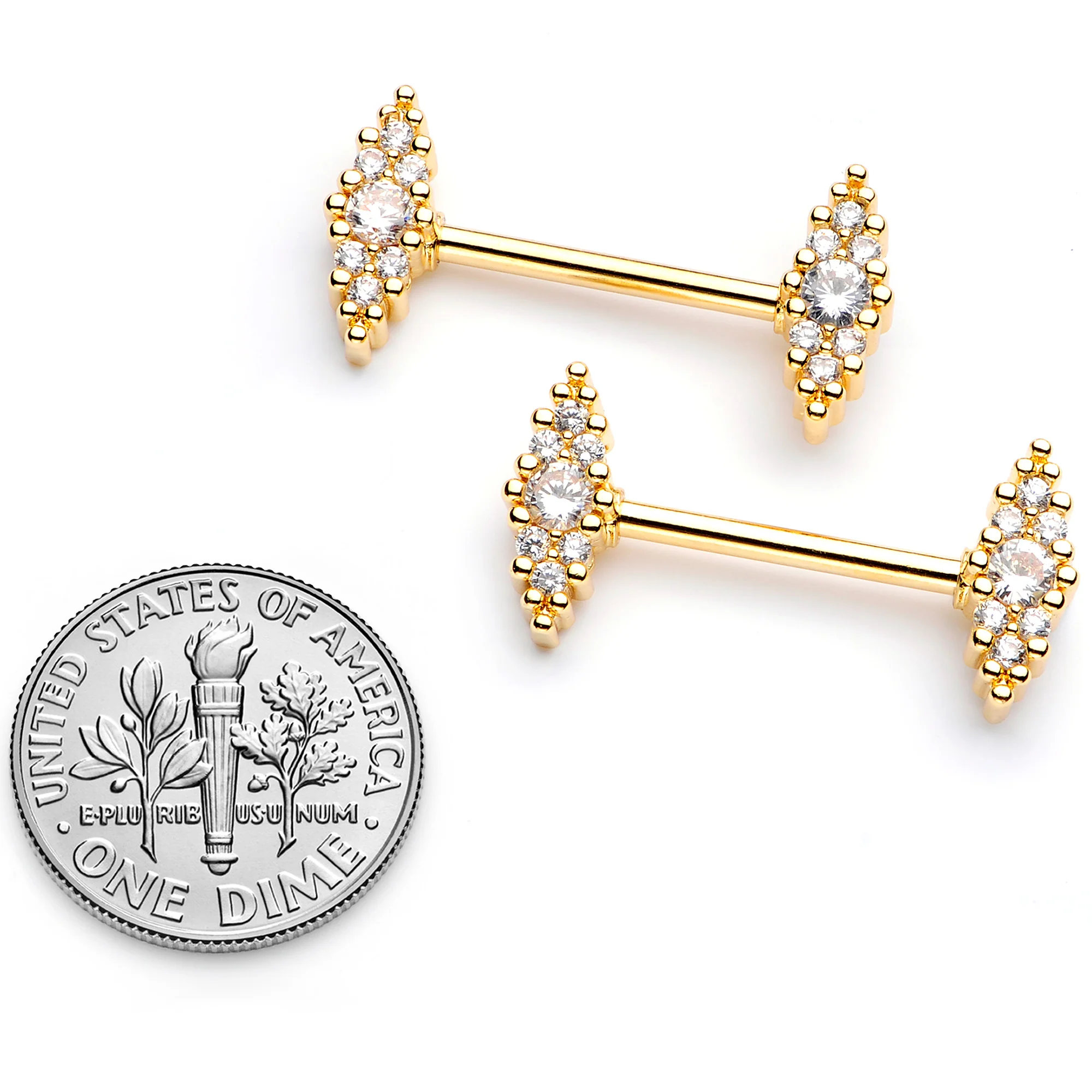 14G 9/16 Clear CZ Gem Gold Tone Texture Barbell Nipple Ring Set - Image 5