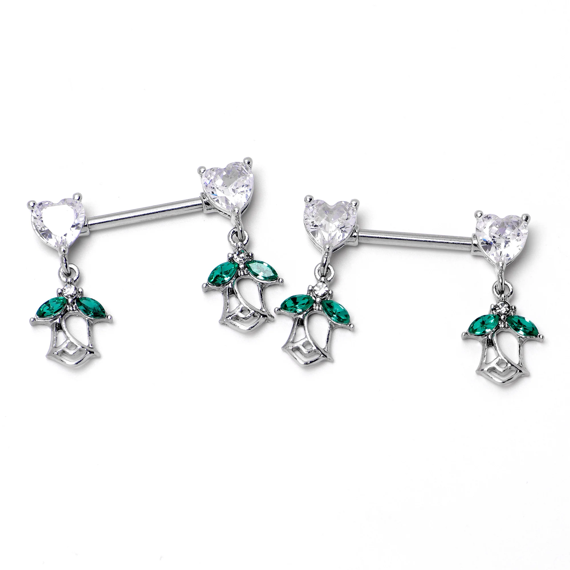 14G 9/16 Clear CZ Gem Hearts And Roses Dangle Nipple Ring Set - Image 6