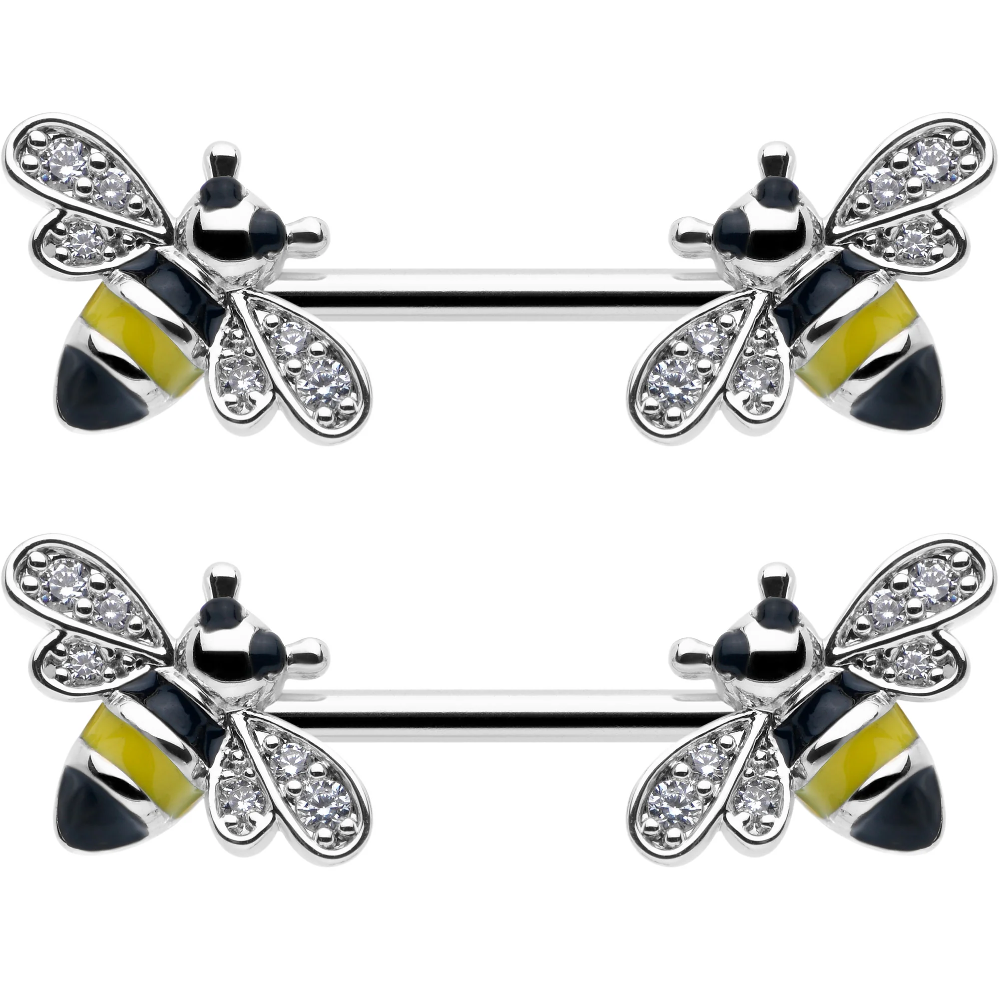 14G 9/16 Clear CZ Gem Honey Bees Barbell Nipple Ring Set - Image 2