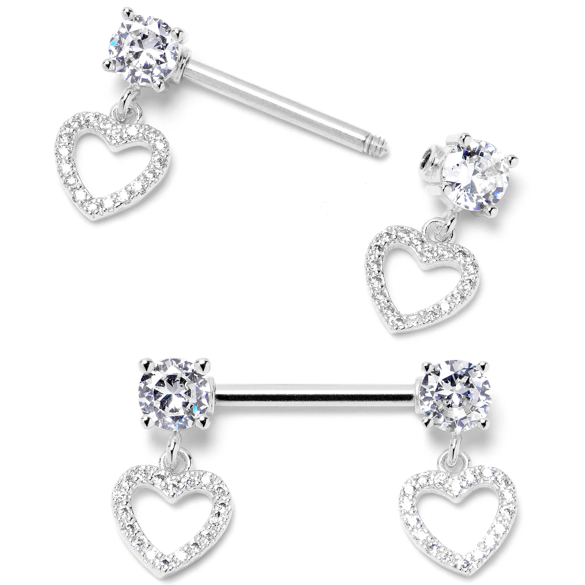 14G 9/16 Clear CZ Gem Paved Heart Dangle Nipple Ring Set - Image 2