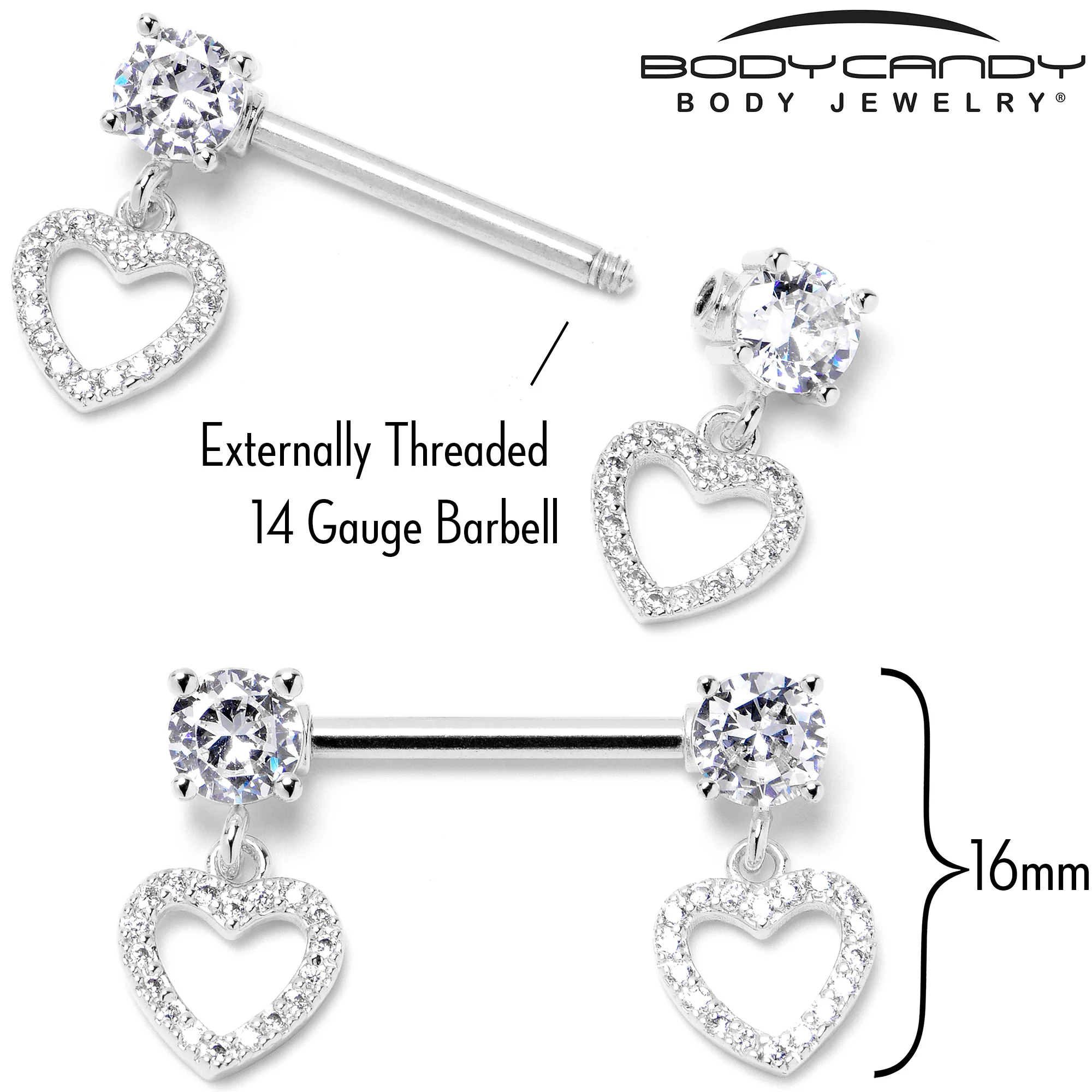 14G 9/16 Clear CZ Gem Paved Heart Dangle Nipple Ring Set - Image 4
