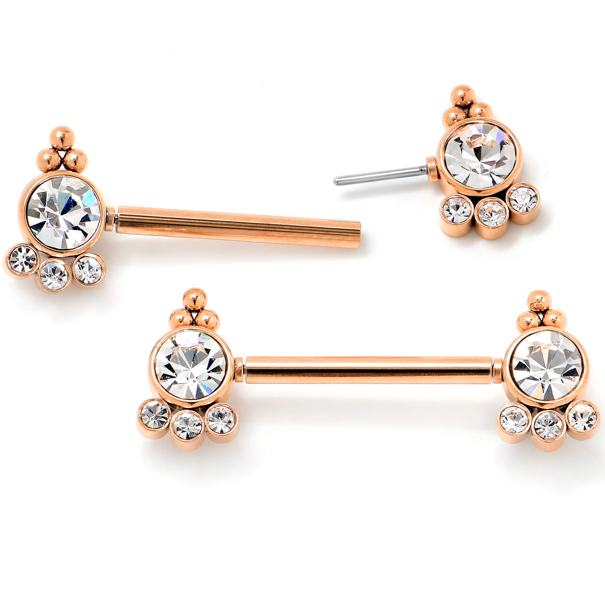 14G 9/16 Clear CZ Gem Rose Gold Tone Style Threadless Nipple Ring Set - Image 2