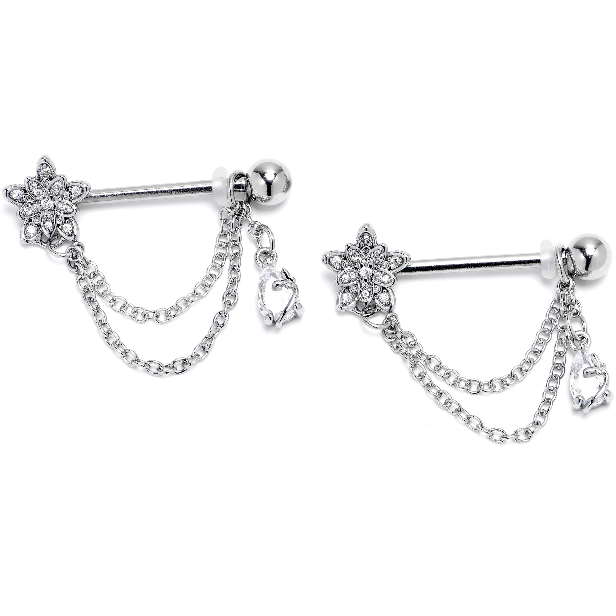 14G 9/16 Clear CZ Gem Snowflake Flower Chain Dangle Nipple Ring Set - Image 2