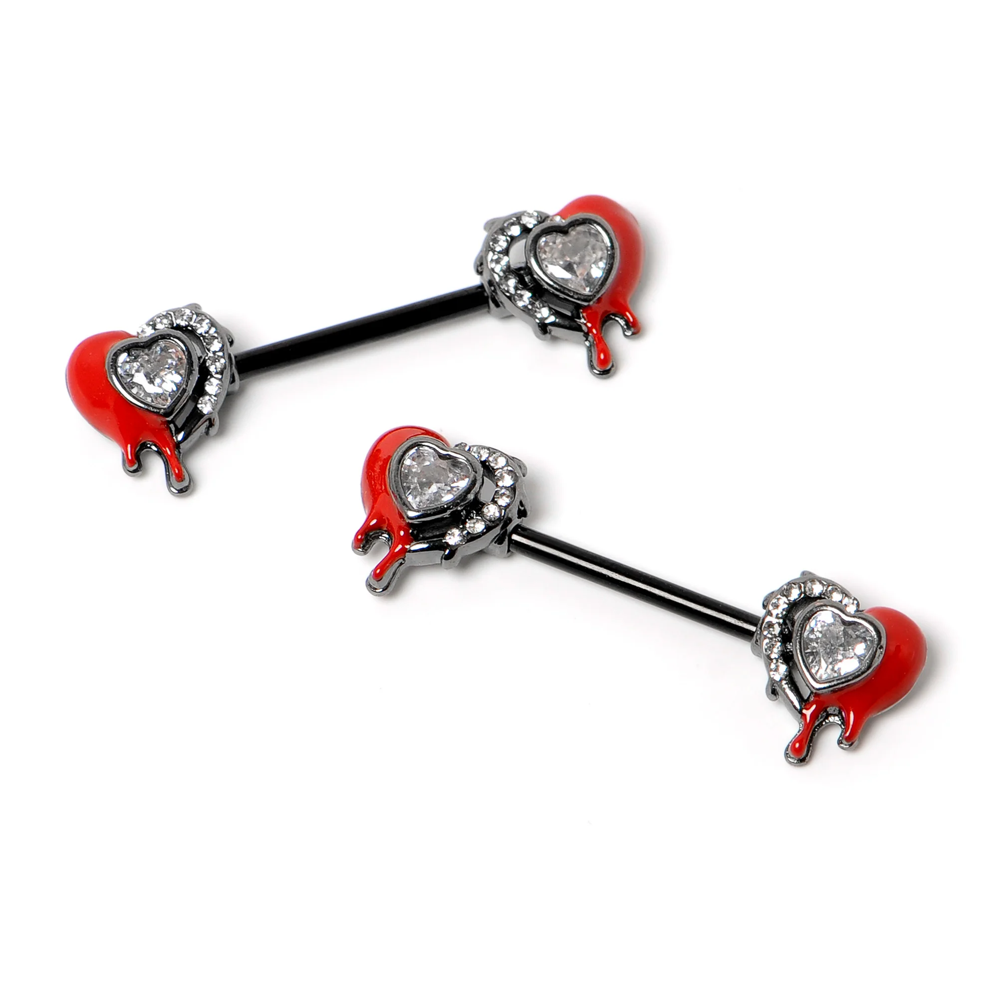 14G 9/16 Clear Gem Black Bleeding Heart Barbell Nipple Ring Set - Image 4