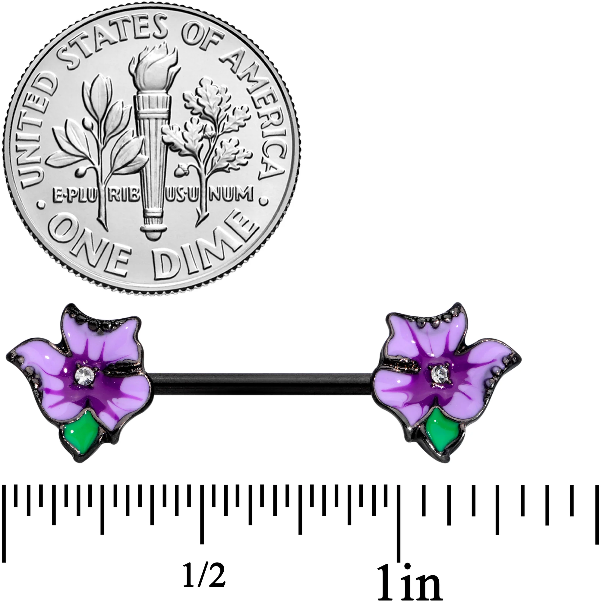 14G 9/16 Clear Gem Black Purple Iris Flower Nipple Ring Set - Image 2