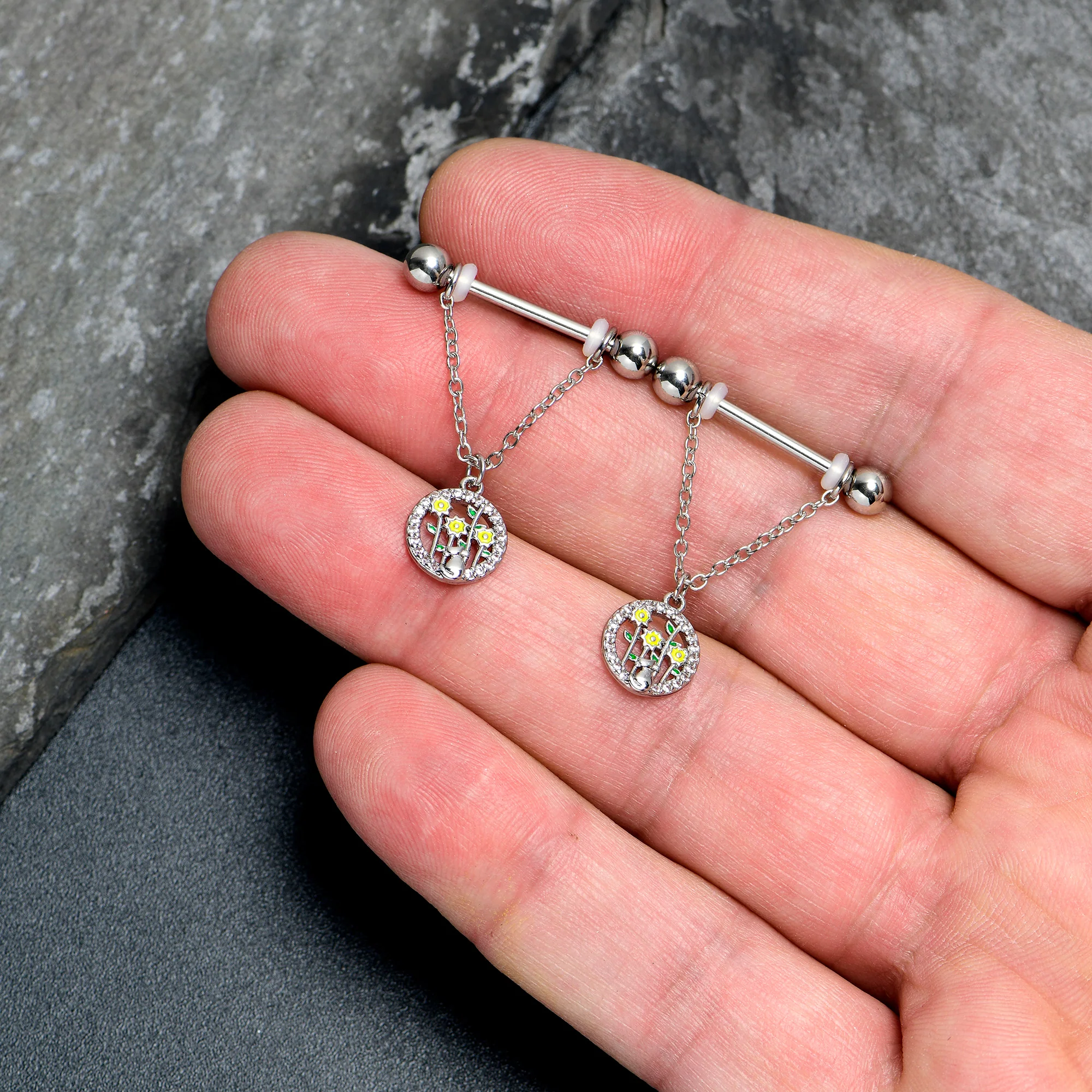 14G 9/16 Clear Gem Cat Yellow Flowers Chain Dangle Nipple Ring Set - Image 2