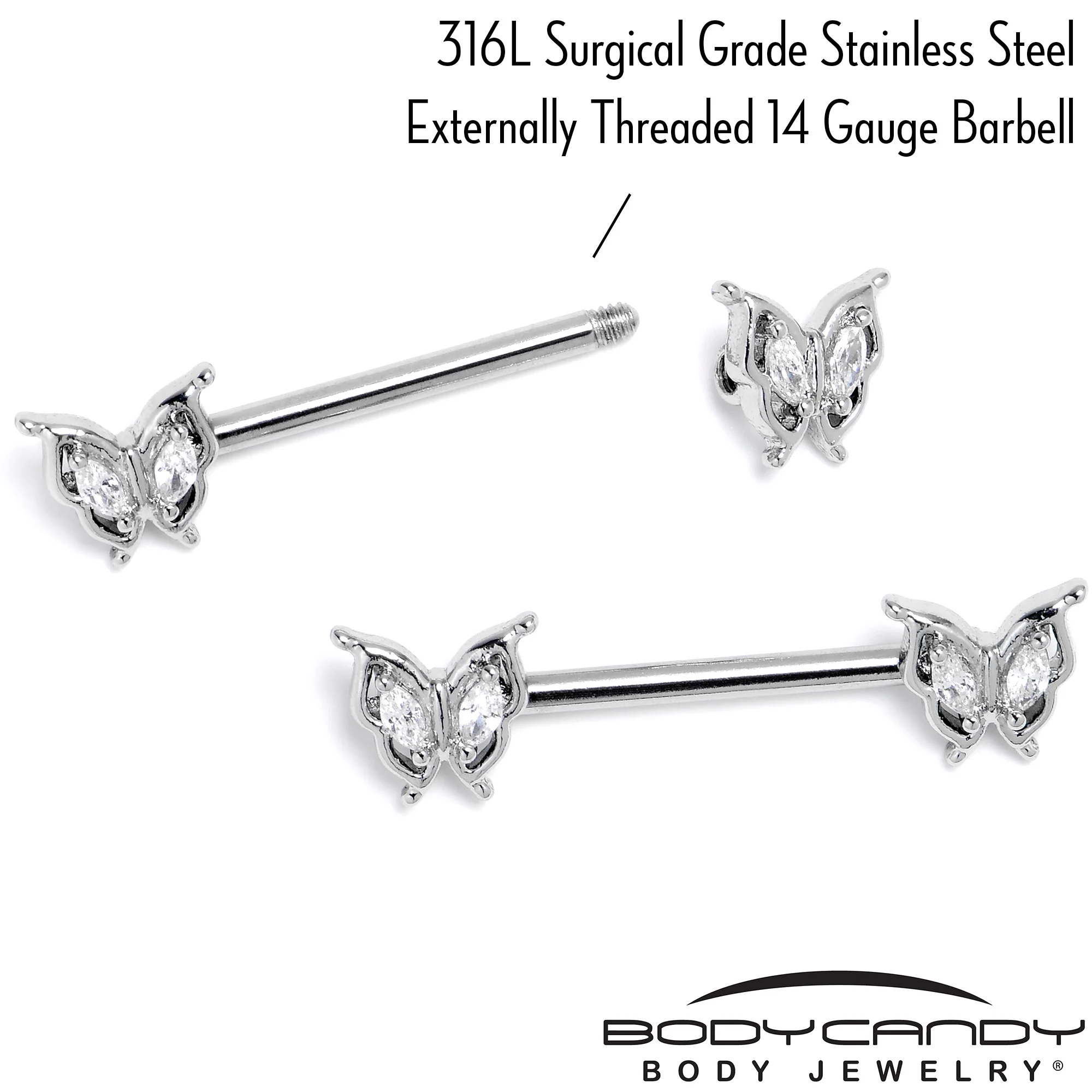 14G 9/16 Clear Gem Fancy Fab Butterfly Barbell Nipple Ring Set - Image 5