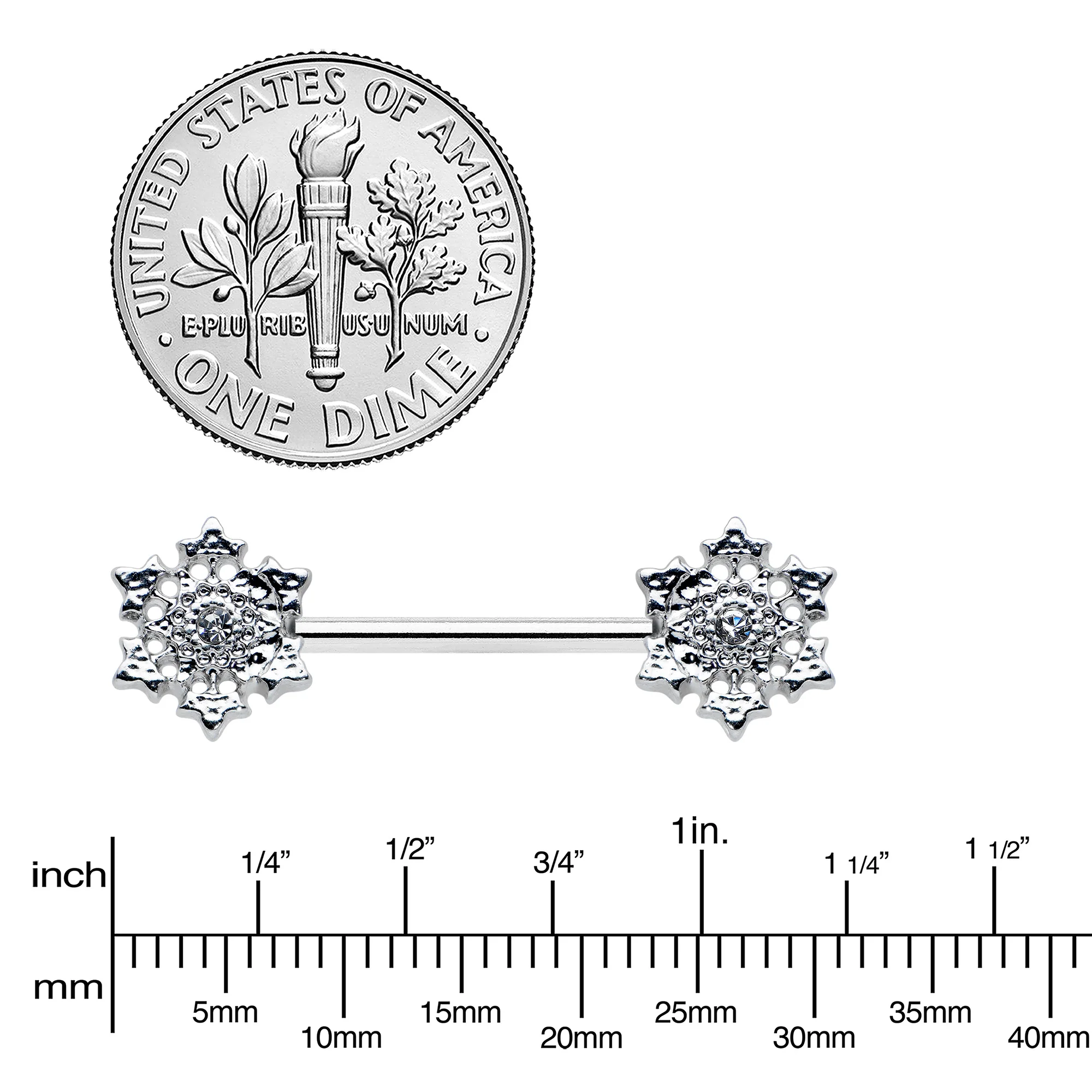 14G 9/16 Clear Gem Filigree Winter Snowflake Nipple Ring Set - Image 3