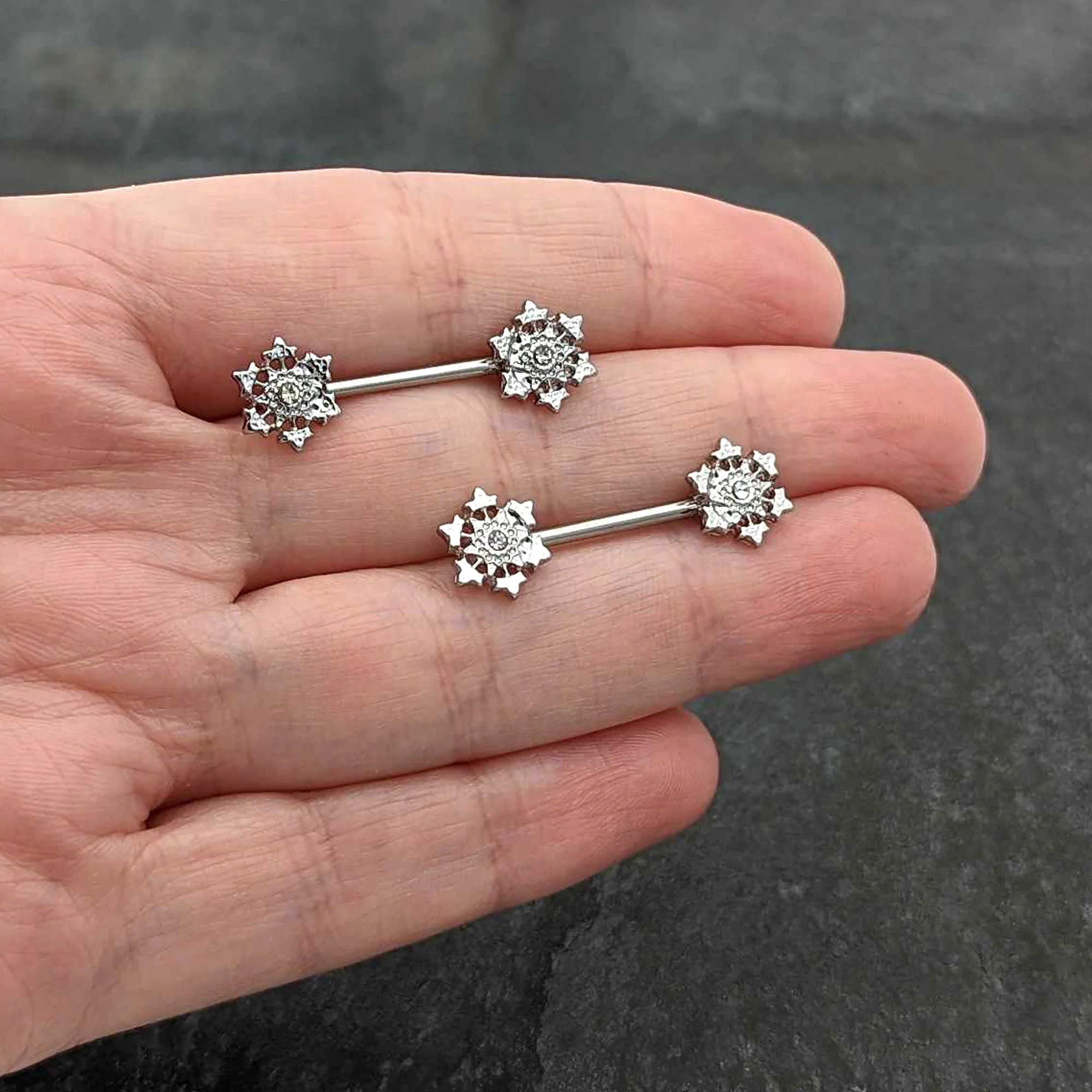 14G 9/16 Clear Gem Filigree Winter Snowflake Nipple Ring Set - Image 7