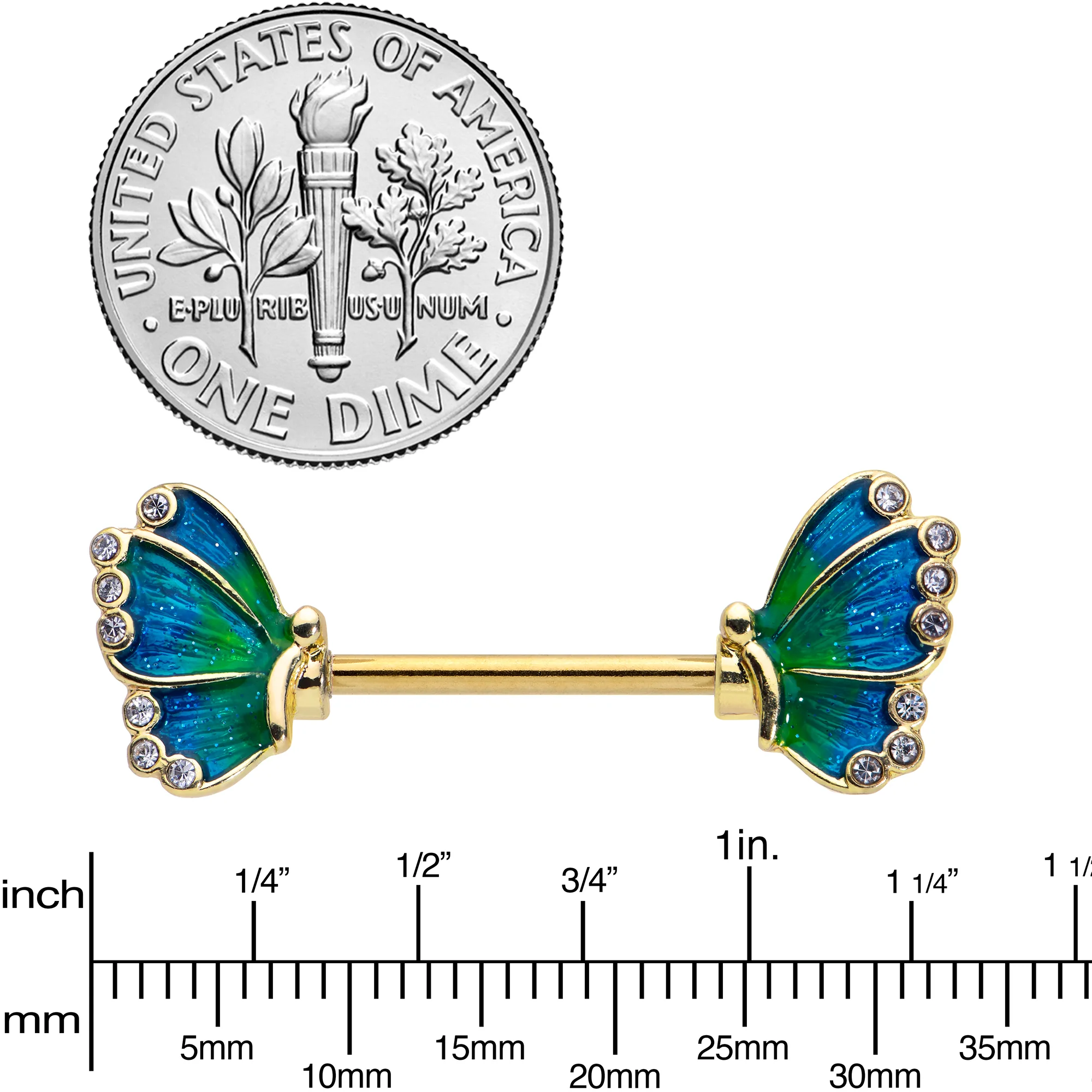 14G 9/16 Clear Gem Gold Tone Blues Butterfly Nipple Ring Set - Image 3