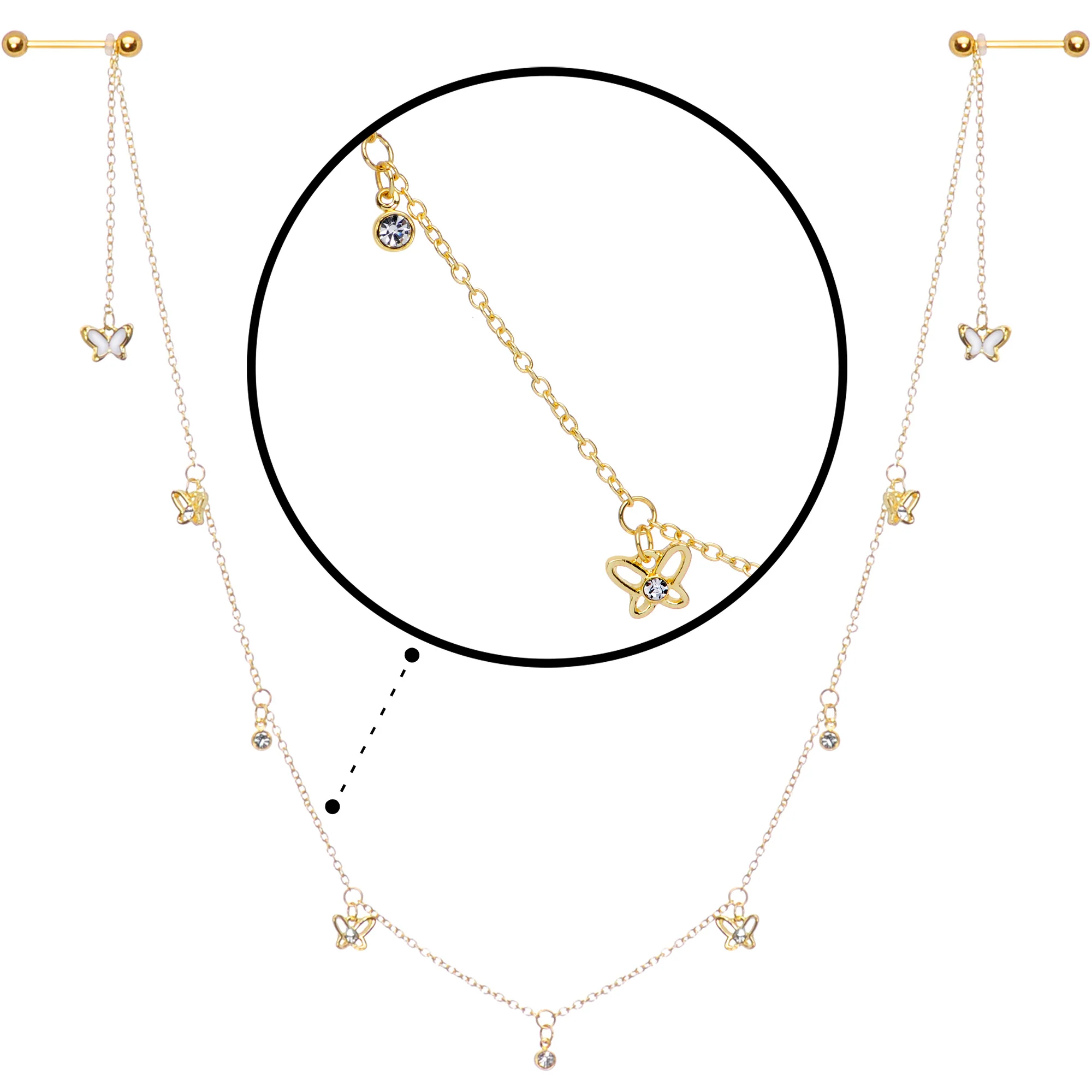 14G 9/16 Clear Gem Gold Tone Butterfly Dangle Nipple Chain - Image 3