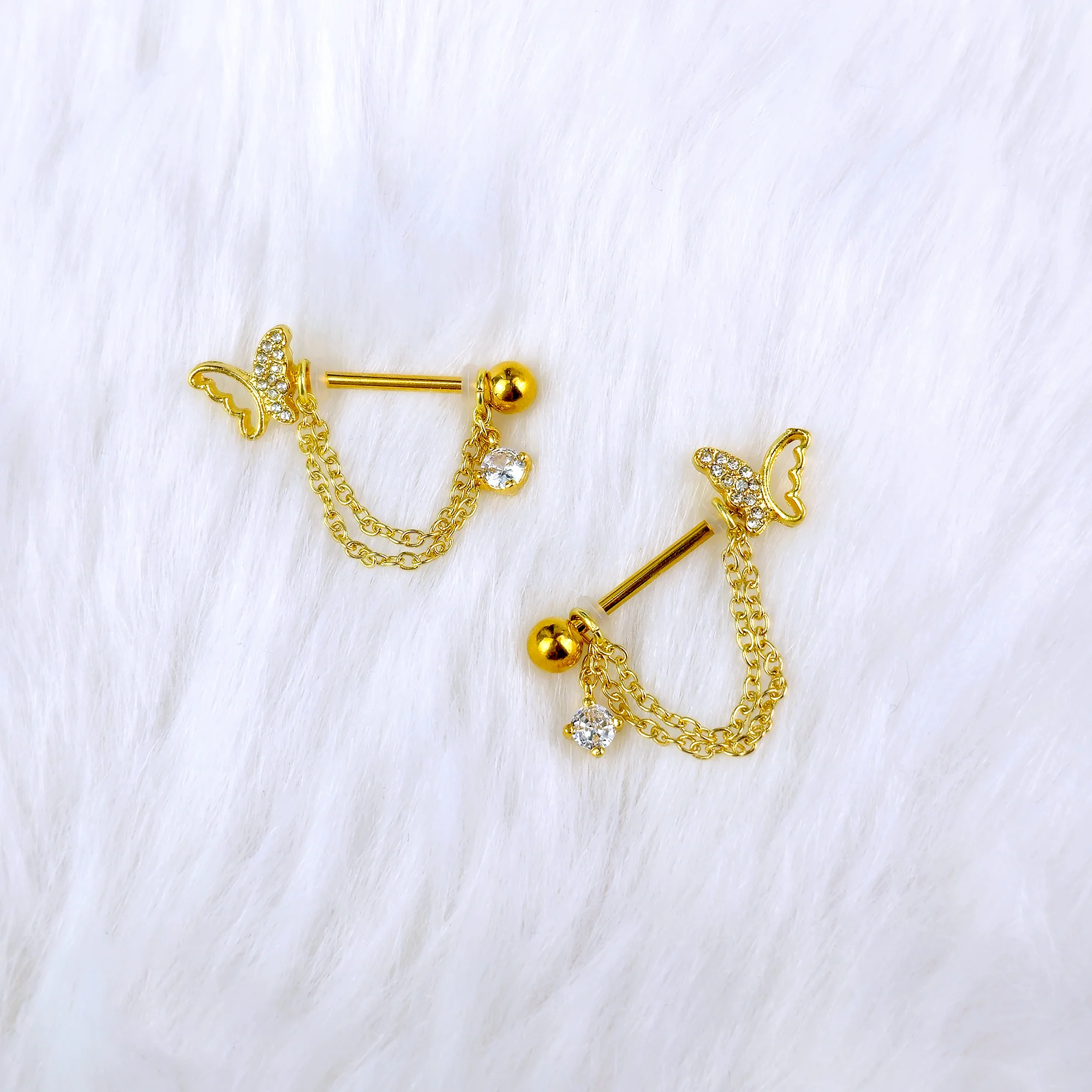 14G 9/16 Clear Gem Gold Tone Butterfly White Dangle Nipple Ring Set - Image 2