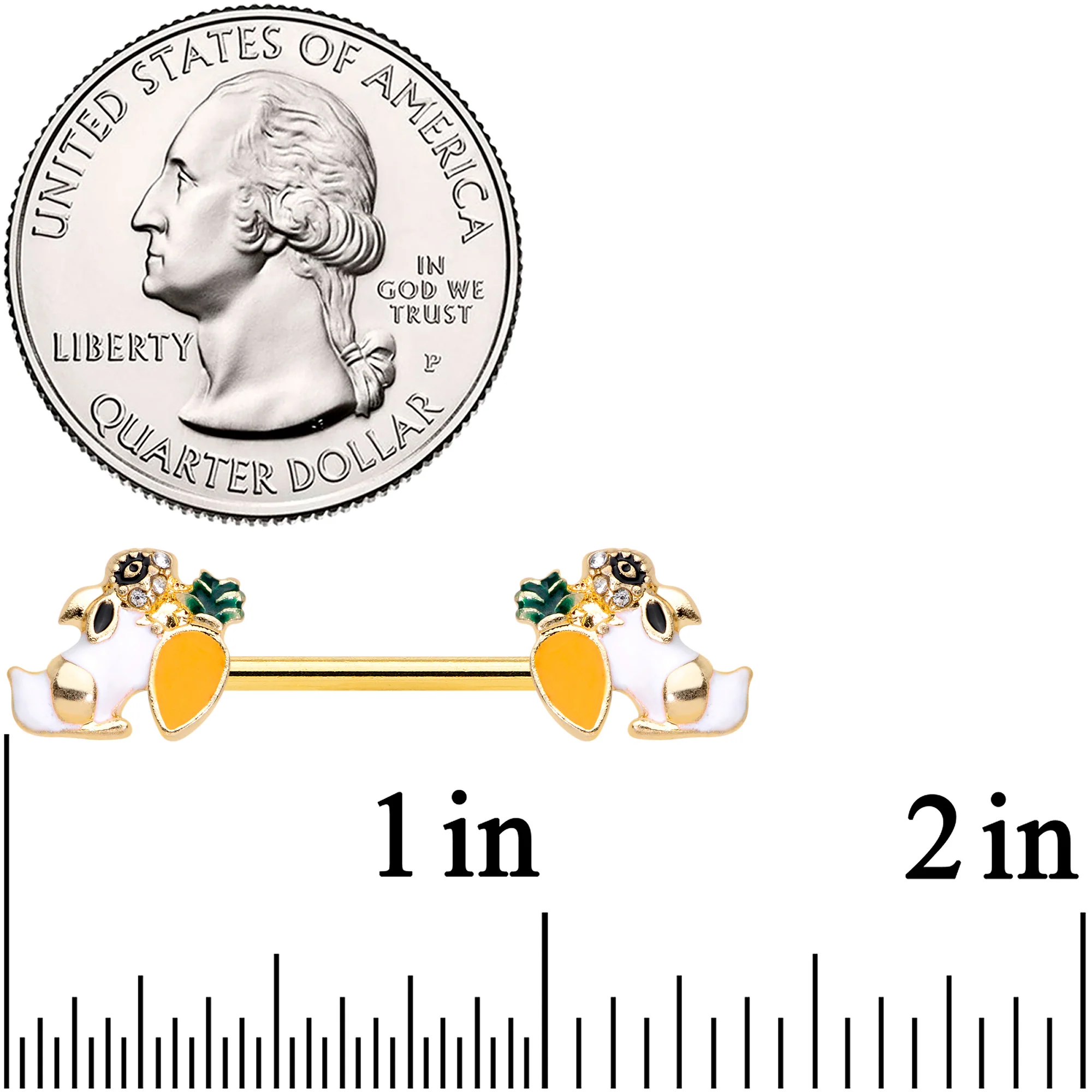 14G 9/16 Clear Gem Gold Tone Carrot Bunny Barbell Nipple Ring Set - Image 2