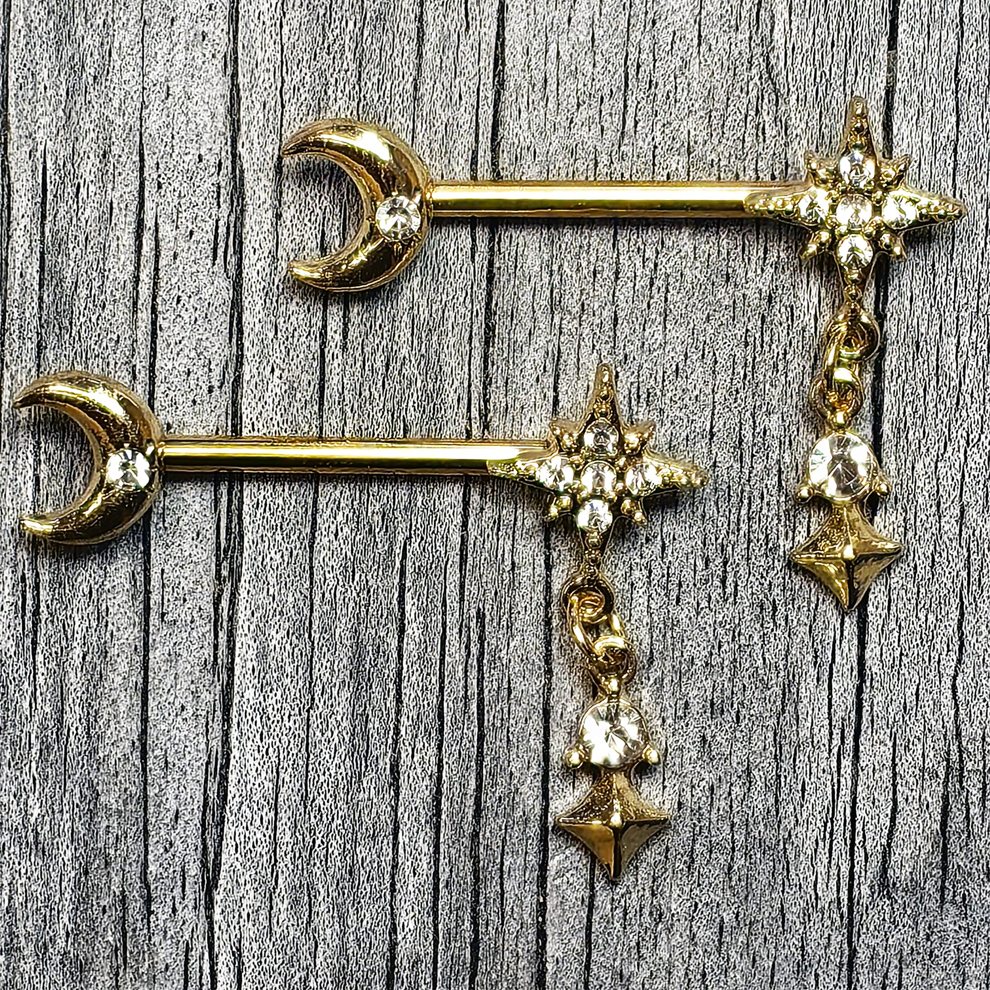 14G 9/16 Clear Gem Gold Tone Celestial Glam Dangle Nipple Ring Set - Image 3