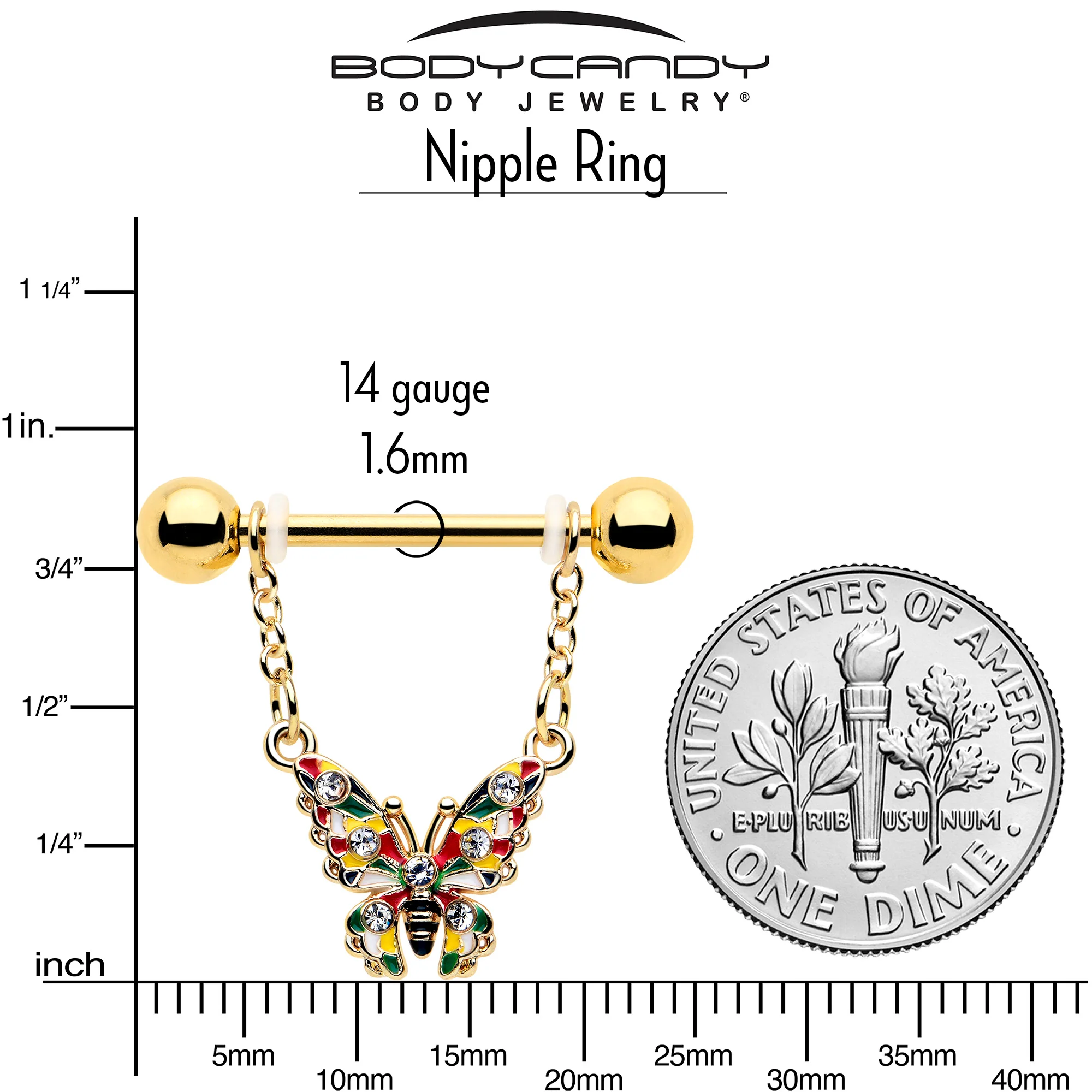 14G 9/16 Clear Gem Gold Tone Color Block Butterfly Dangle Nipple Ring Set - Image 4